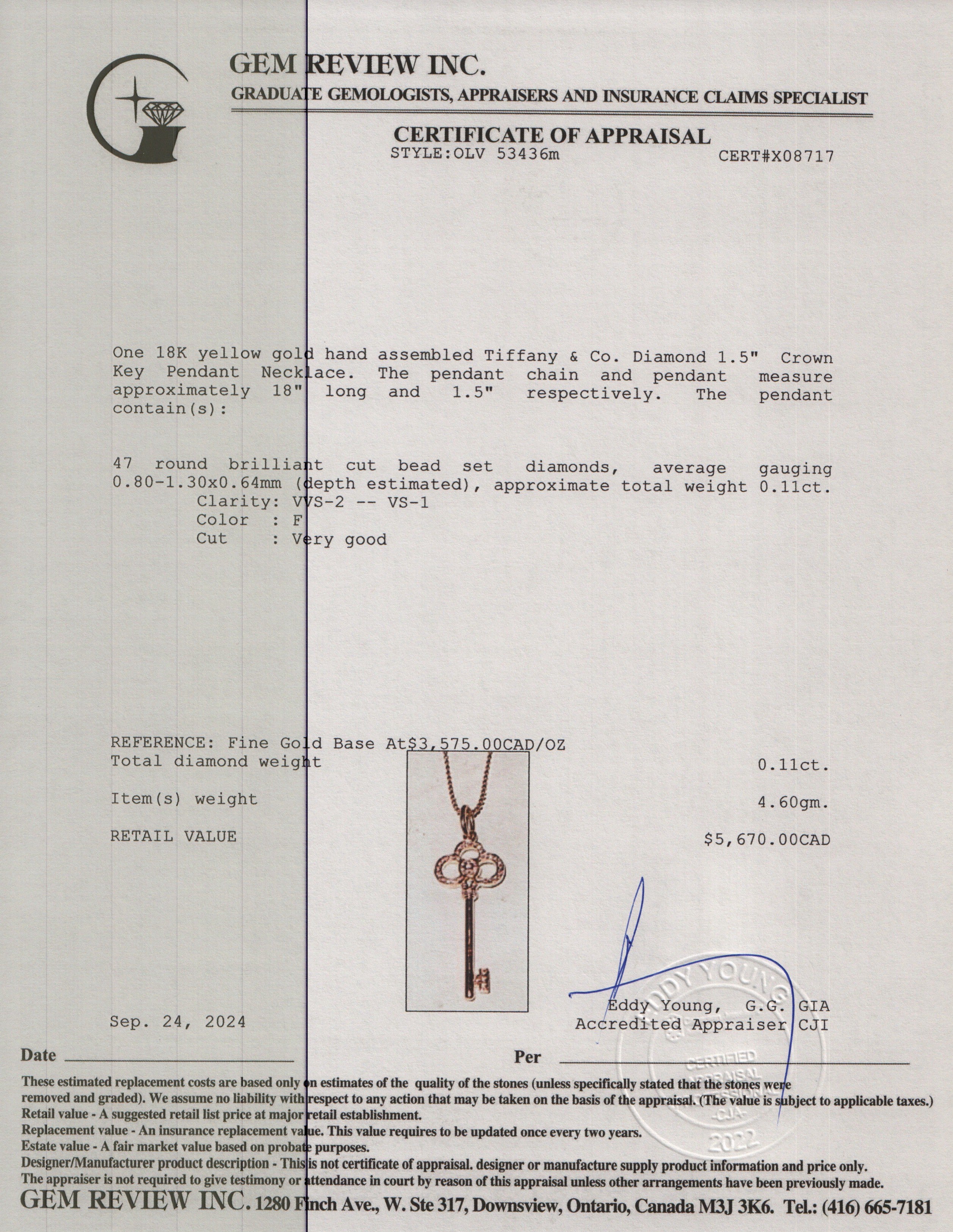 Tiffany & Co. 18k Rose Gold Diamond 1.5" Crown Key Pendant Necklace w/ Box