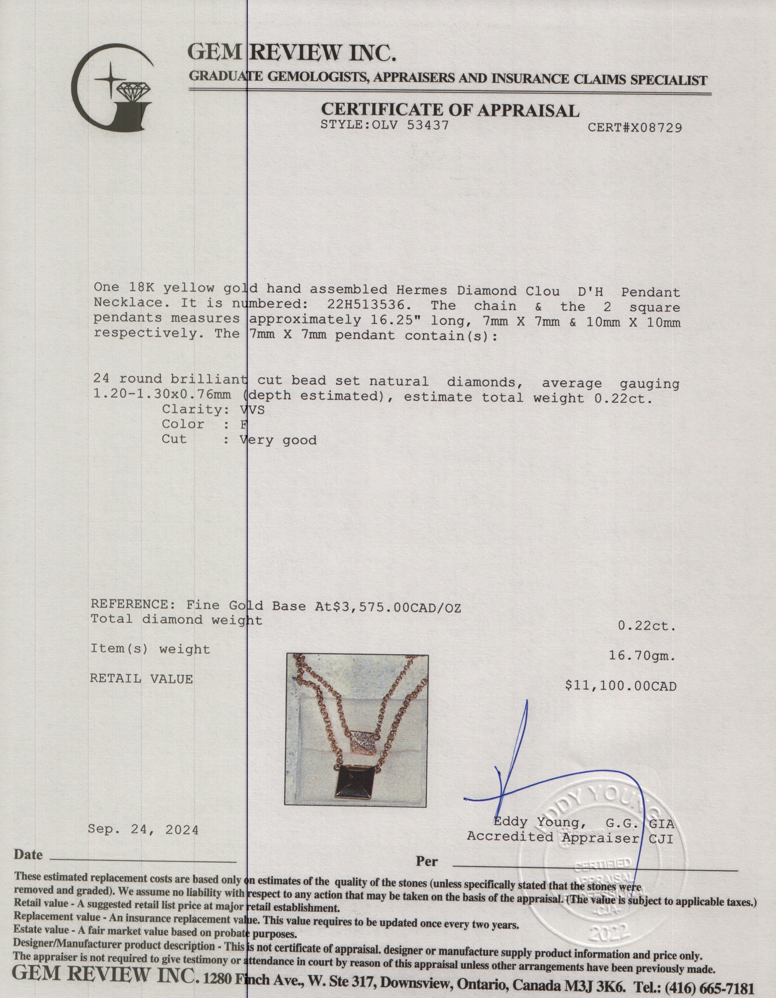 Hermes 2024 18k Rose Gold Diamond Clou D'H Pendant Necklace w/ Box & Receipt