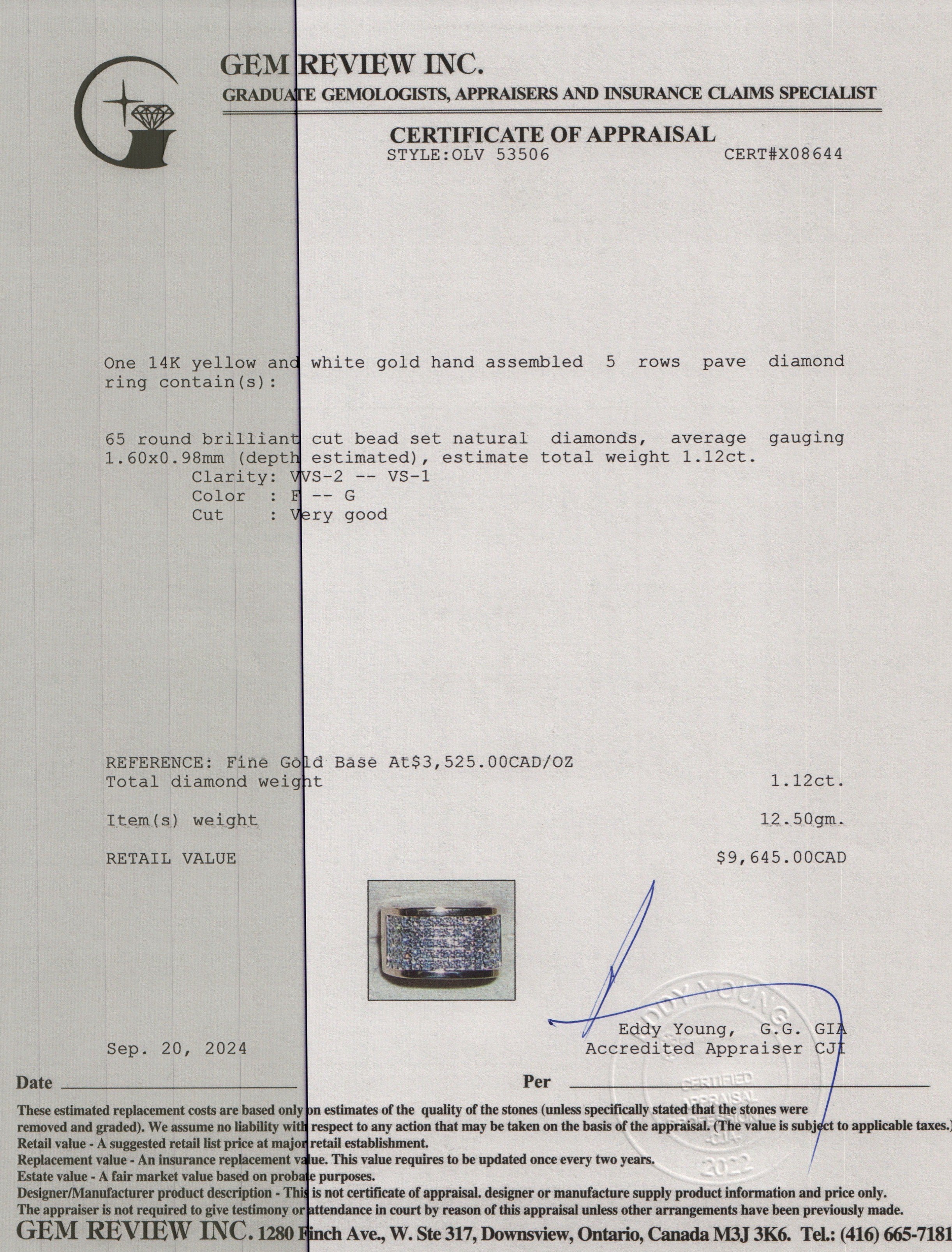 14k Yellow & White Gold 5 Row Pave Diamond Ring, Size 6.5