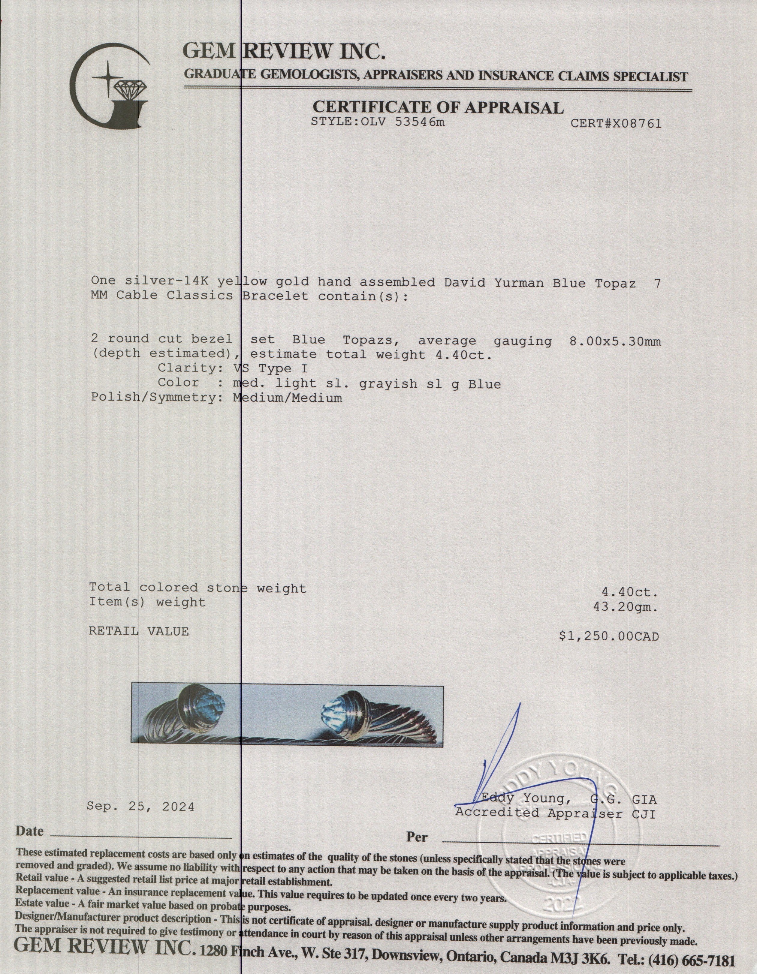 David Yurman Sterling Silver & 14k Yellow Gold Blue Topaz 7 MM Cable Classics Bracelet