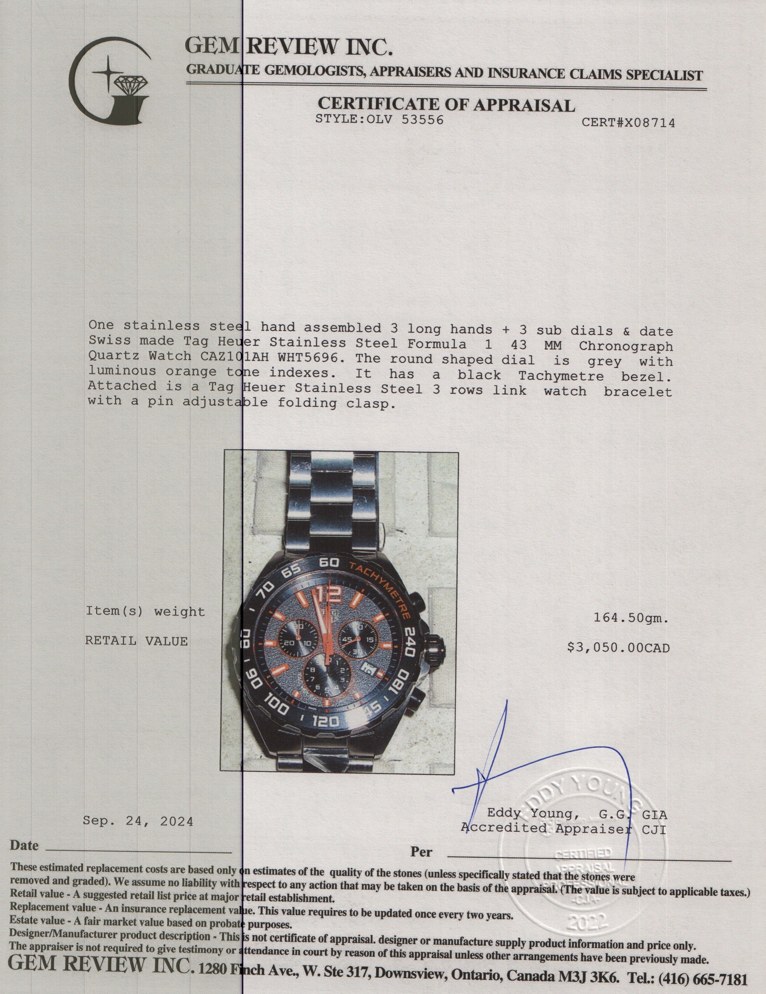 Tag Heuer Stainless Steel Formula 1 43 MM Chronograph Quartz Watch CAZ101AH w/ Box & Papers