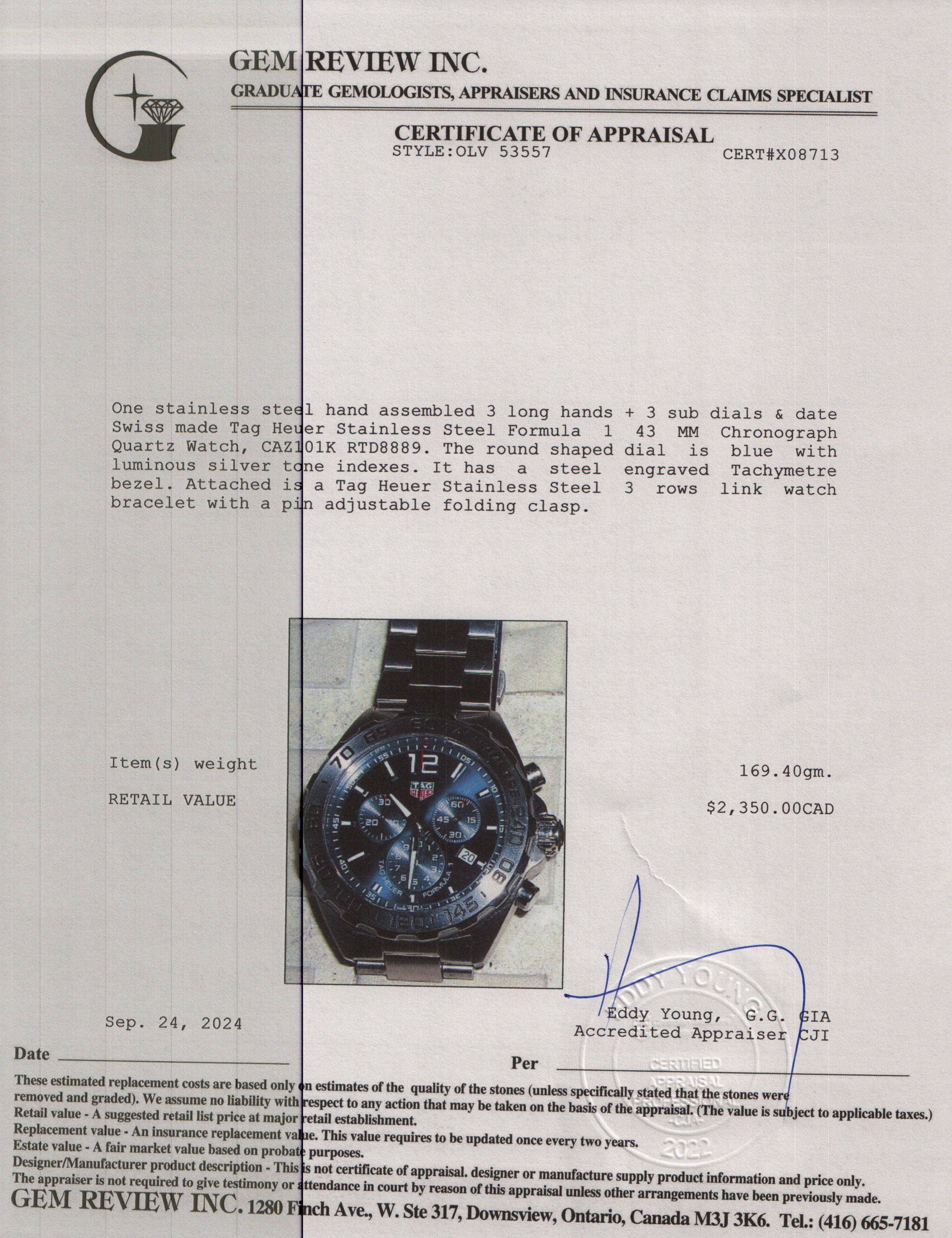 Tag Heuer Stainless Steel Formula 1 43 MM Chronograph Quartz Watch CAZ101K w/ Box & Papers