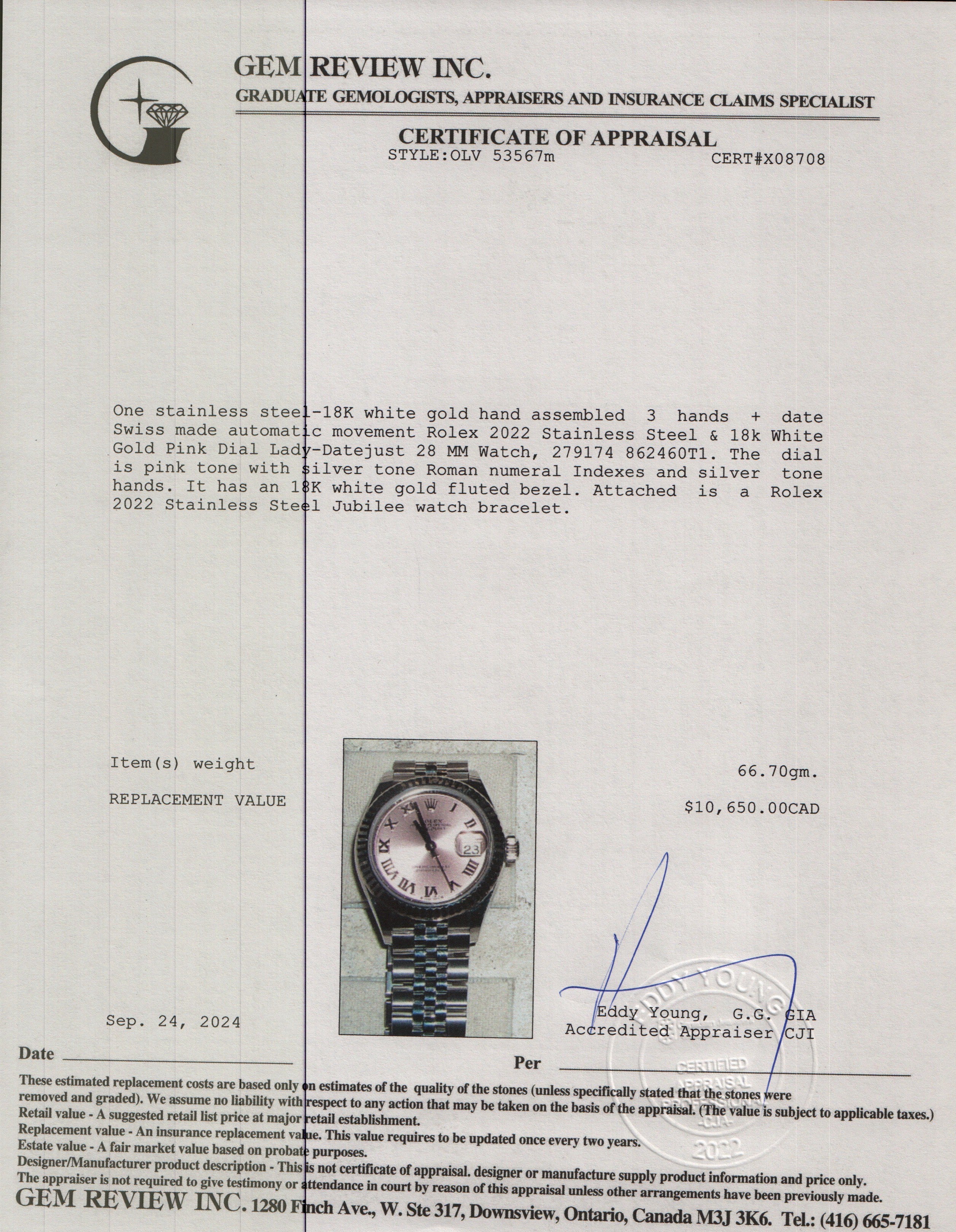 Rolex 2022 Stainless Steel & 18k White Gold Pink Dial Lady-Datejust 28 MM Watch 279174 w/ Box & Papers