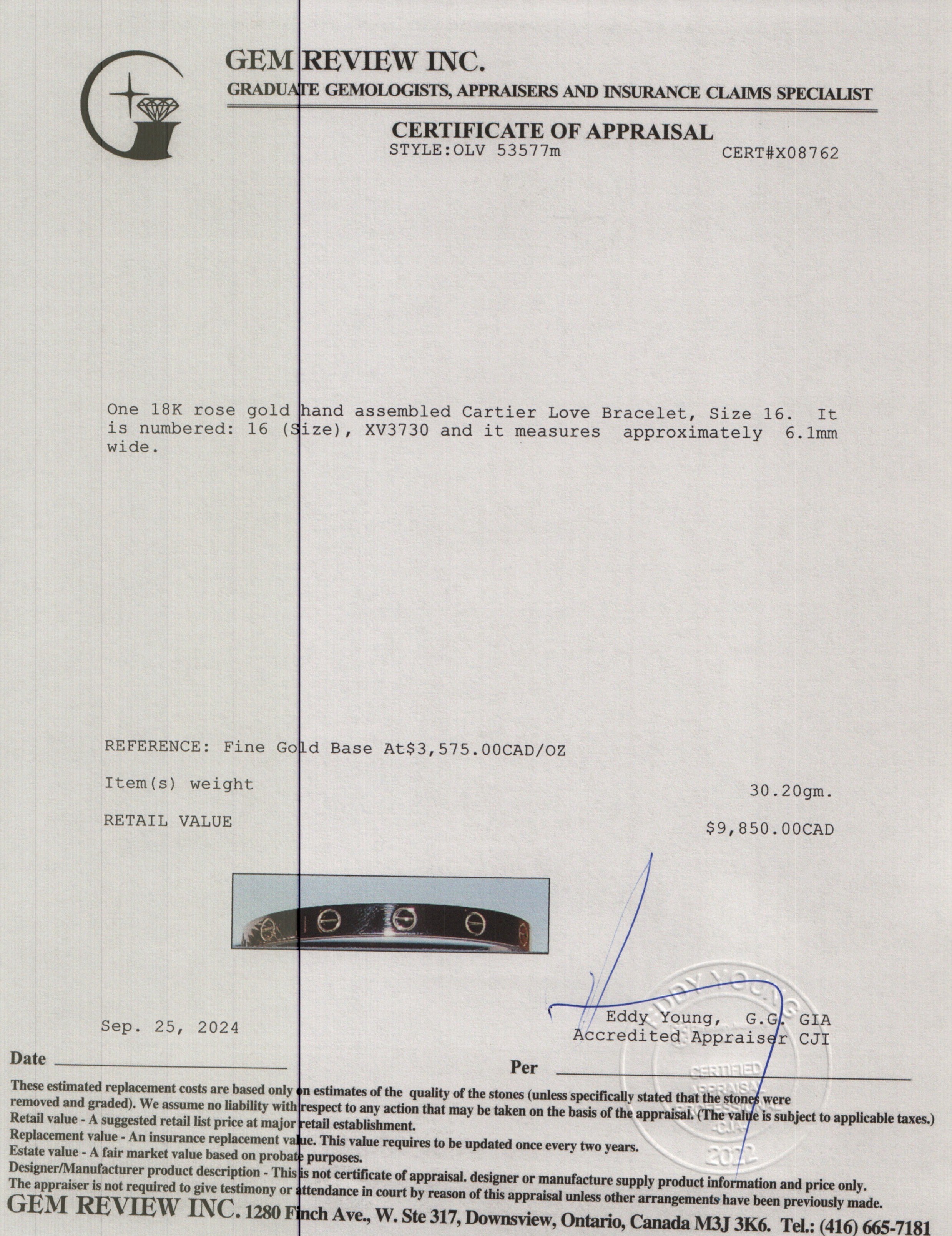 Cartier 18k Rose Gold Love Bracelet, Size 16 w/ Box & Certificate