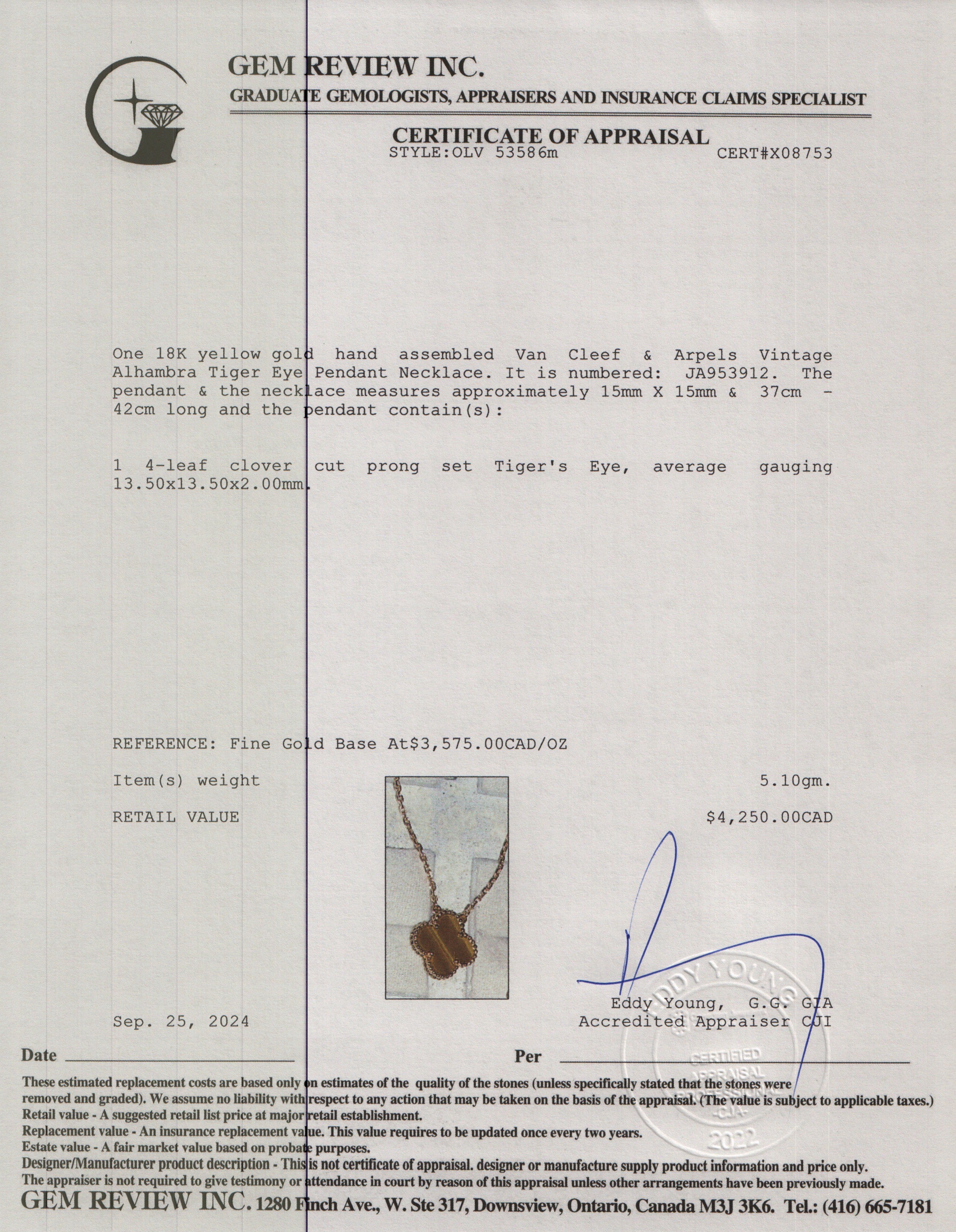 Van Cleef & Arpels 18k Yellow Gold Vintage Alhambra Tiger Eye Pendant Necklace w/ Box & Receipt
