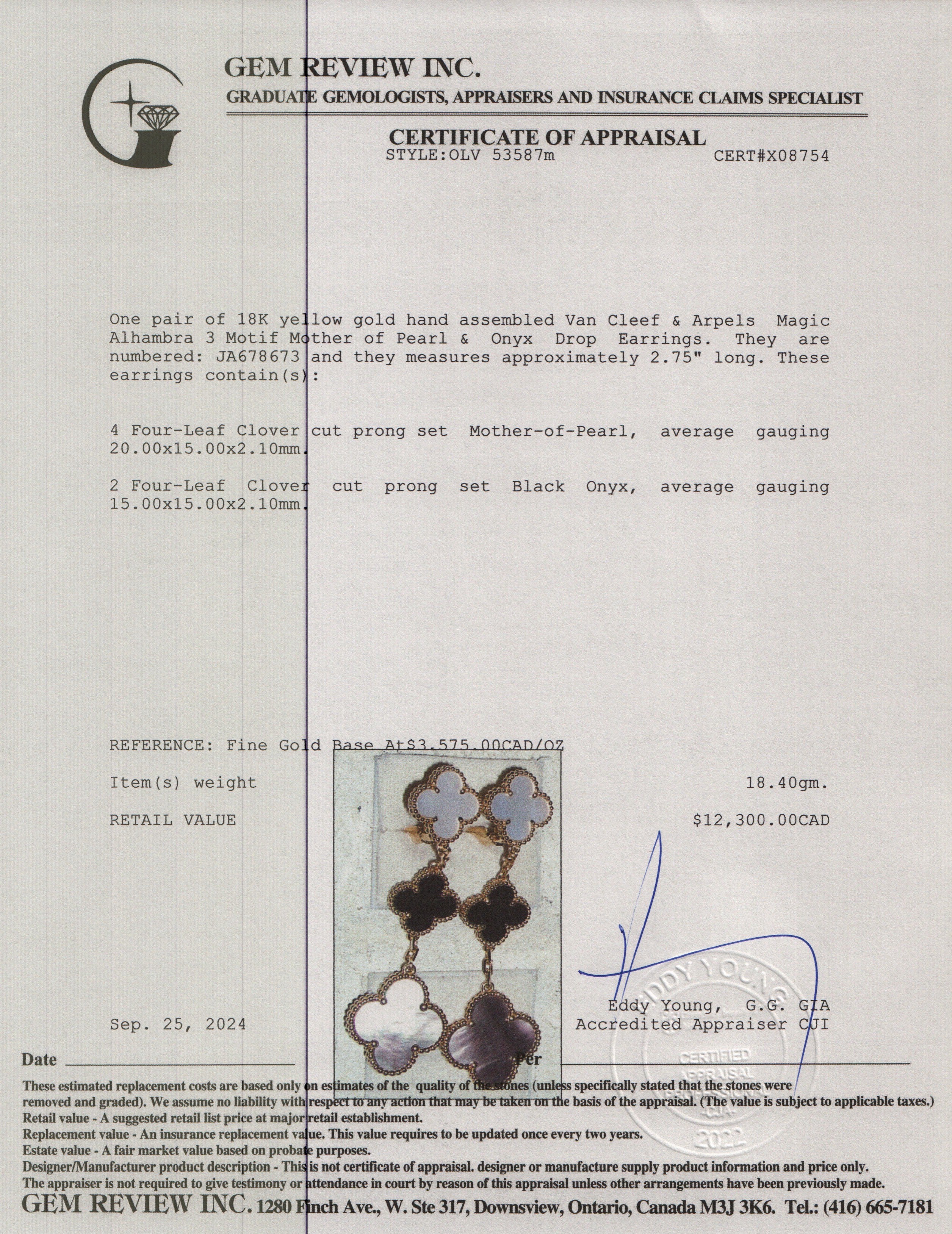 Van Cleef & Arpels 18k Yellow Gold Magic Alhambra 3 Motif Mother of Pearl & Onyx Drop Earrings w/ Receipt
