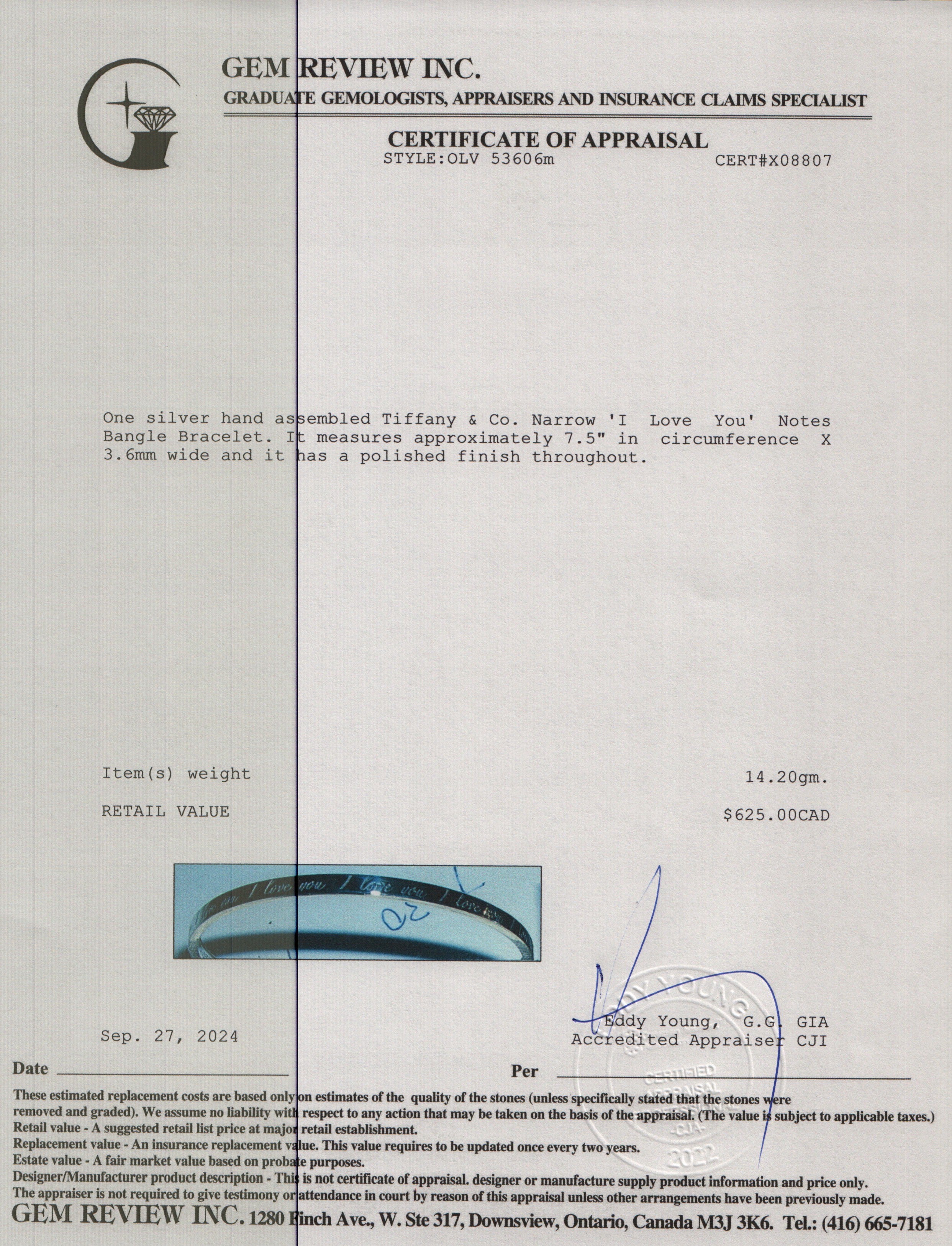 Tiffany & Co. Sterling Silver Narrow 'I Love You' Notes Bangle Bracelet