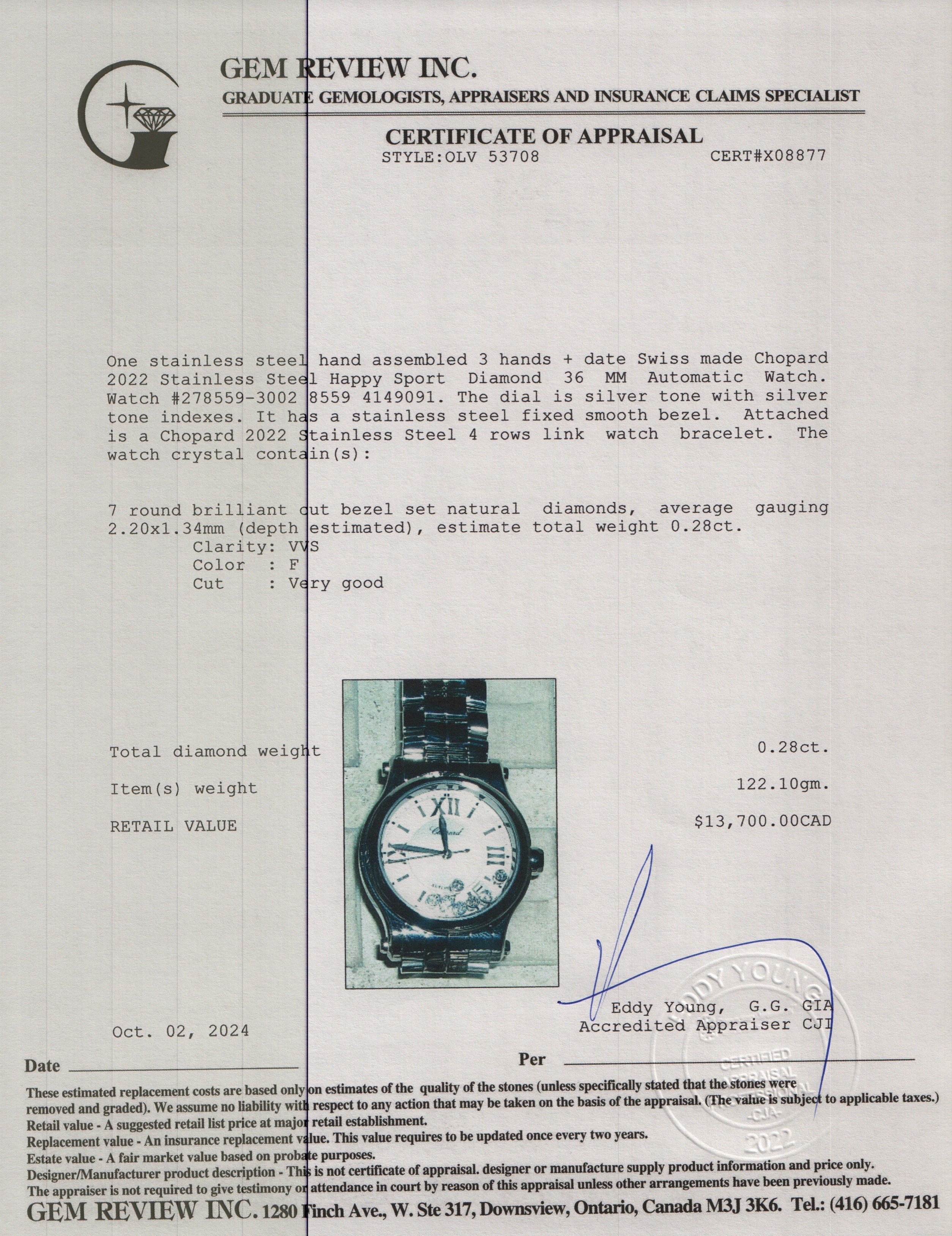 Chopard 2022 Stainless Steel Happy Sport Diamond 36 MM Automatic Watch w/ Box & Papers