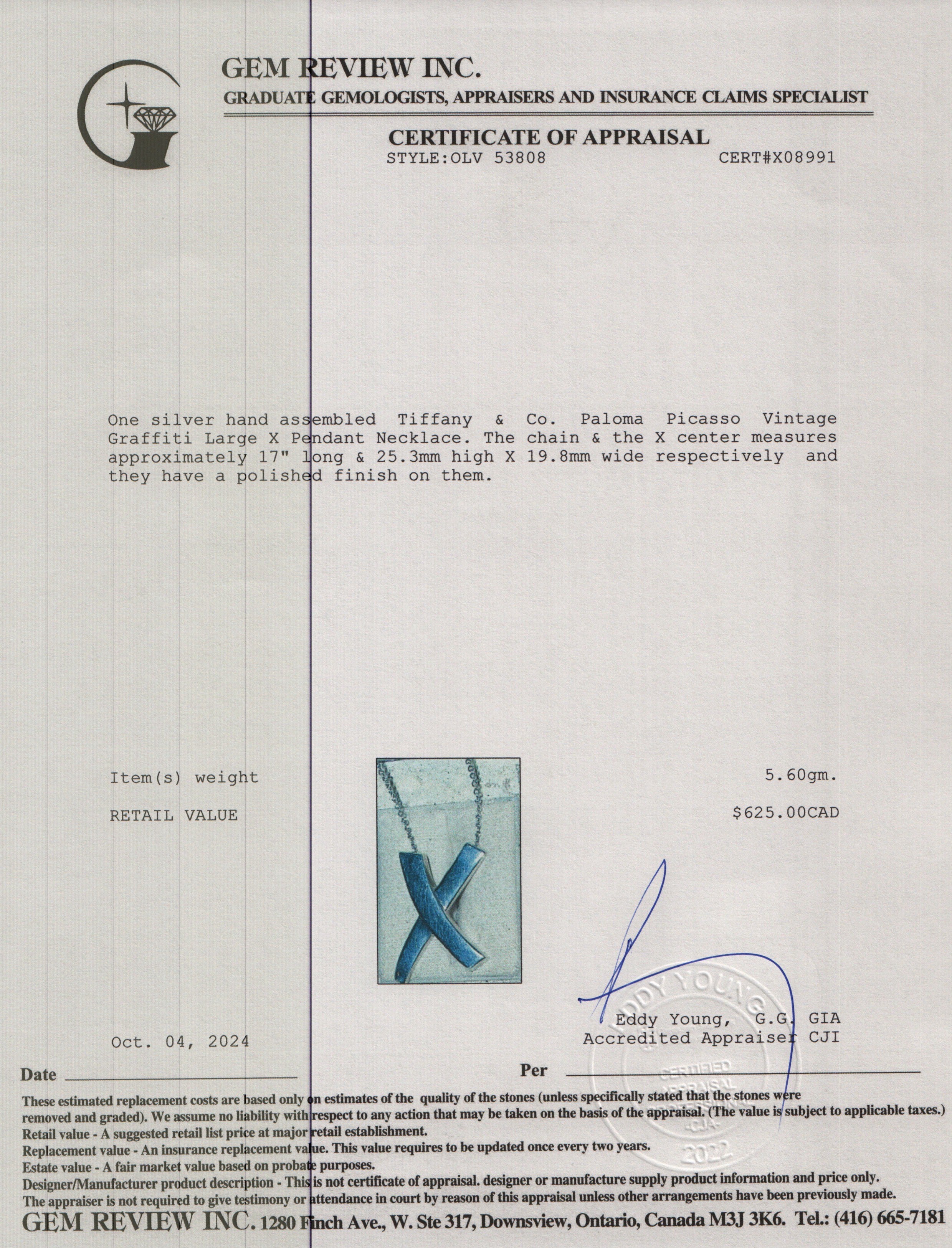 Tiffany & Co. Paloma Picasso Vintage Sterling Silver Graffiti Large X Pendant Necklace