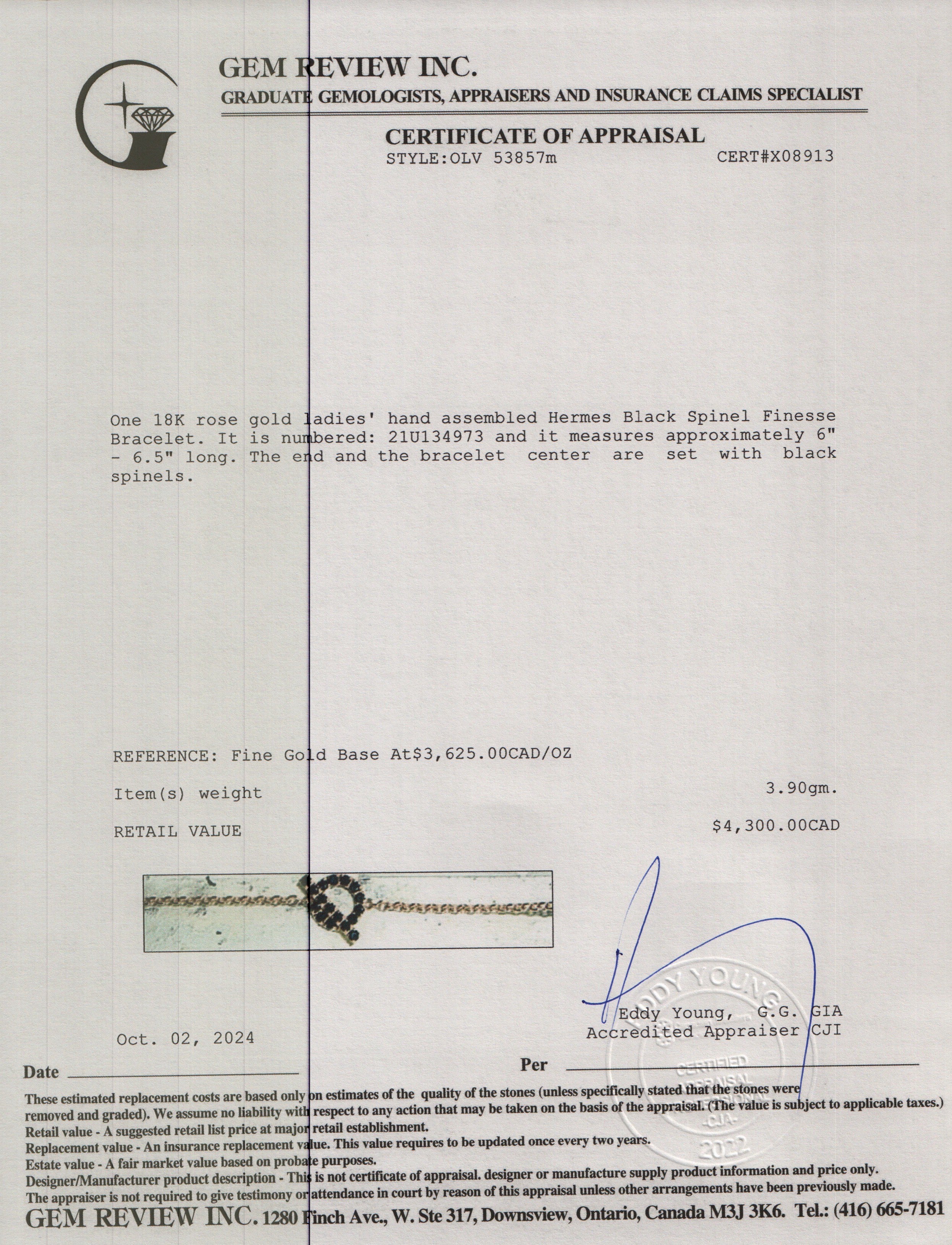 Hermes 18k Rose Gold Black Spinel Finesse Bracelet w/ Box