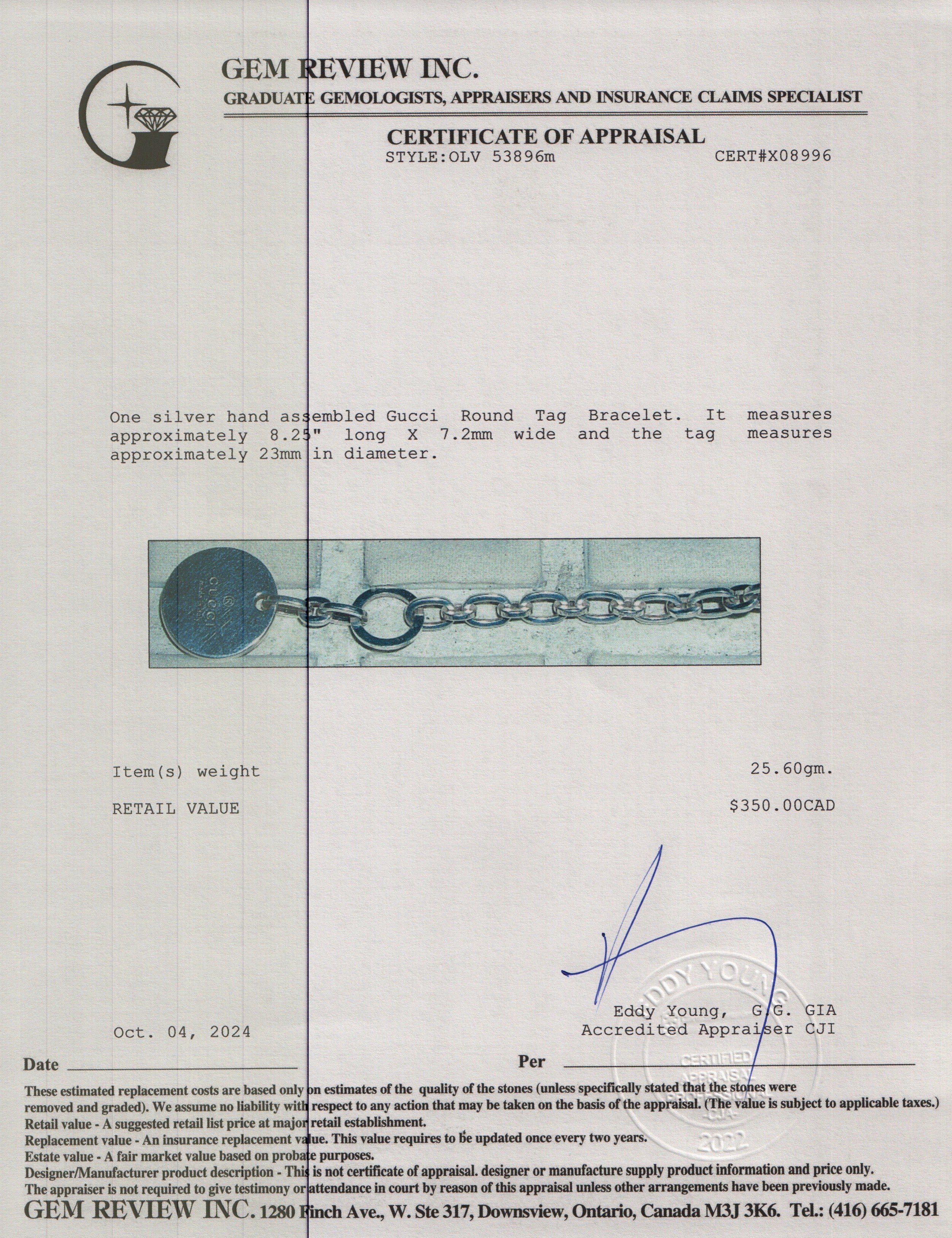 Gucci Sterling Silver Round Tag Bracelet w/ Box