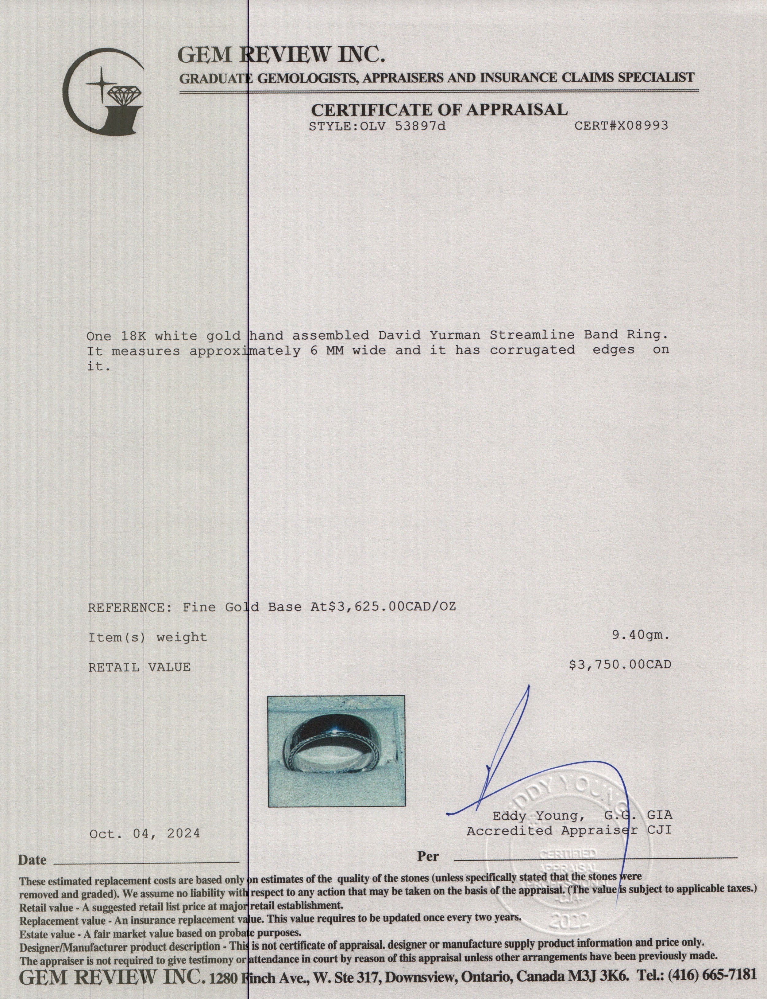 David Yurman 18k White Gold Streamline 6 MM Band Ring, Size 9.5 w/ Box