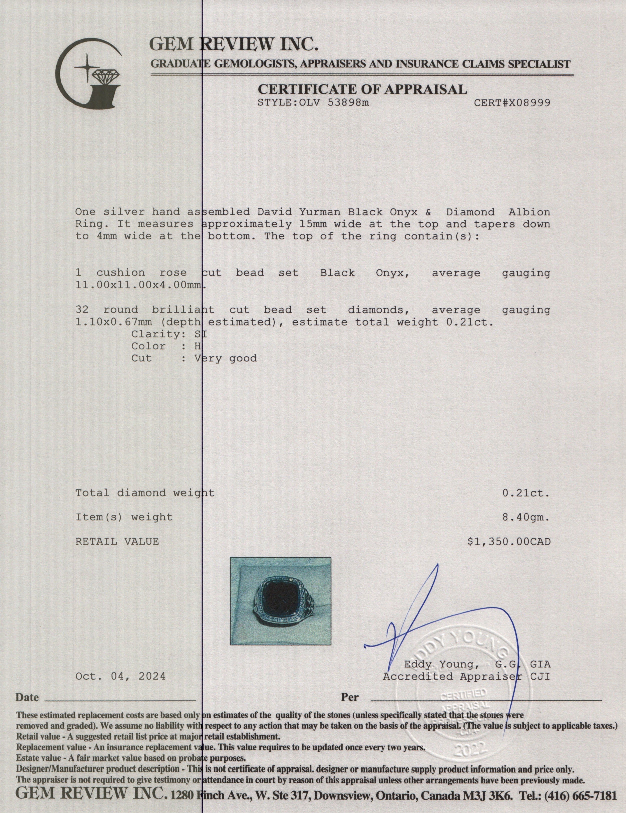 David Yurman Sterling Silver Black Onyx & Diamond Albion Ring, Size 5.5