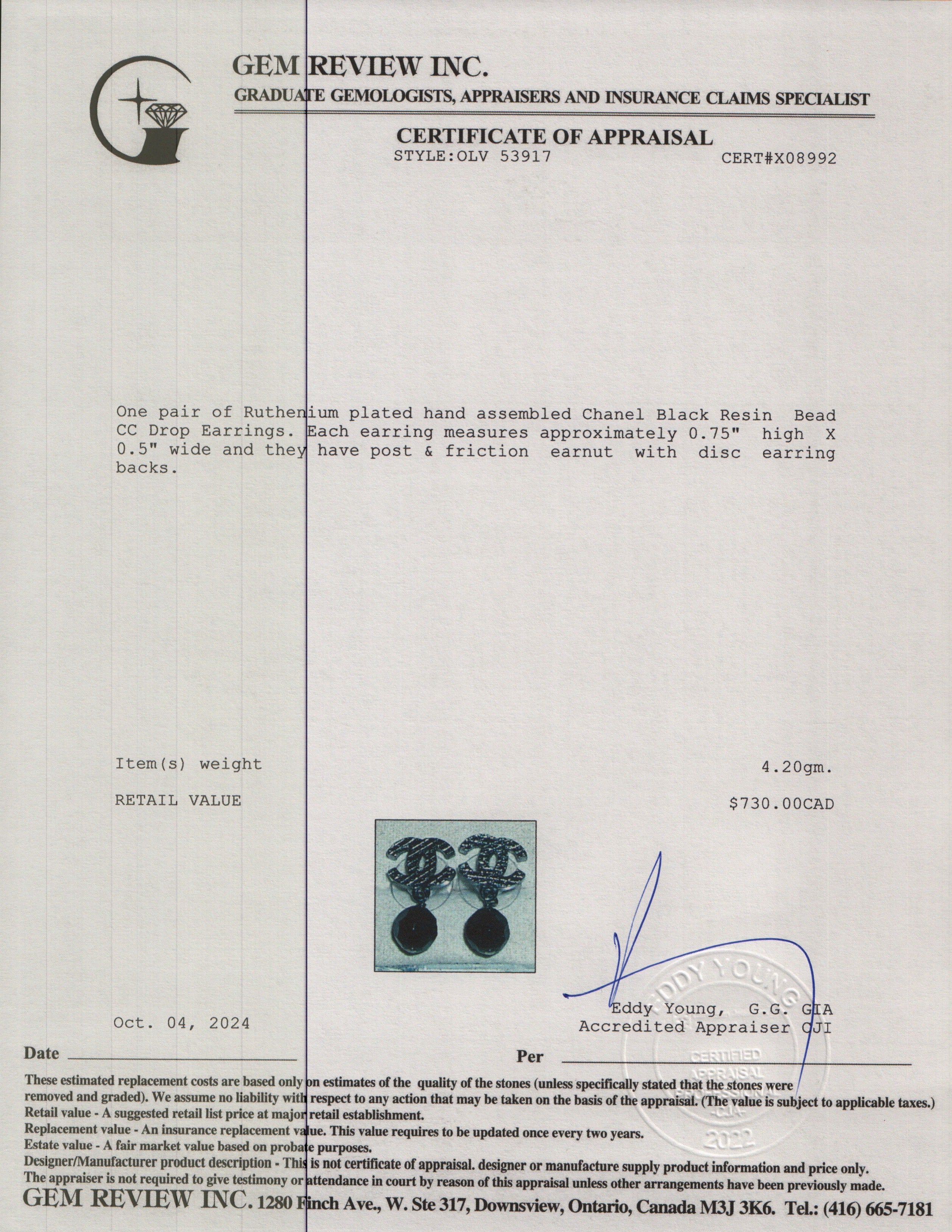 Chanel Ruthenium-Plated Black Resin Bead CC Drop Earrings w/ Box