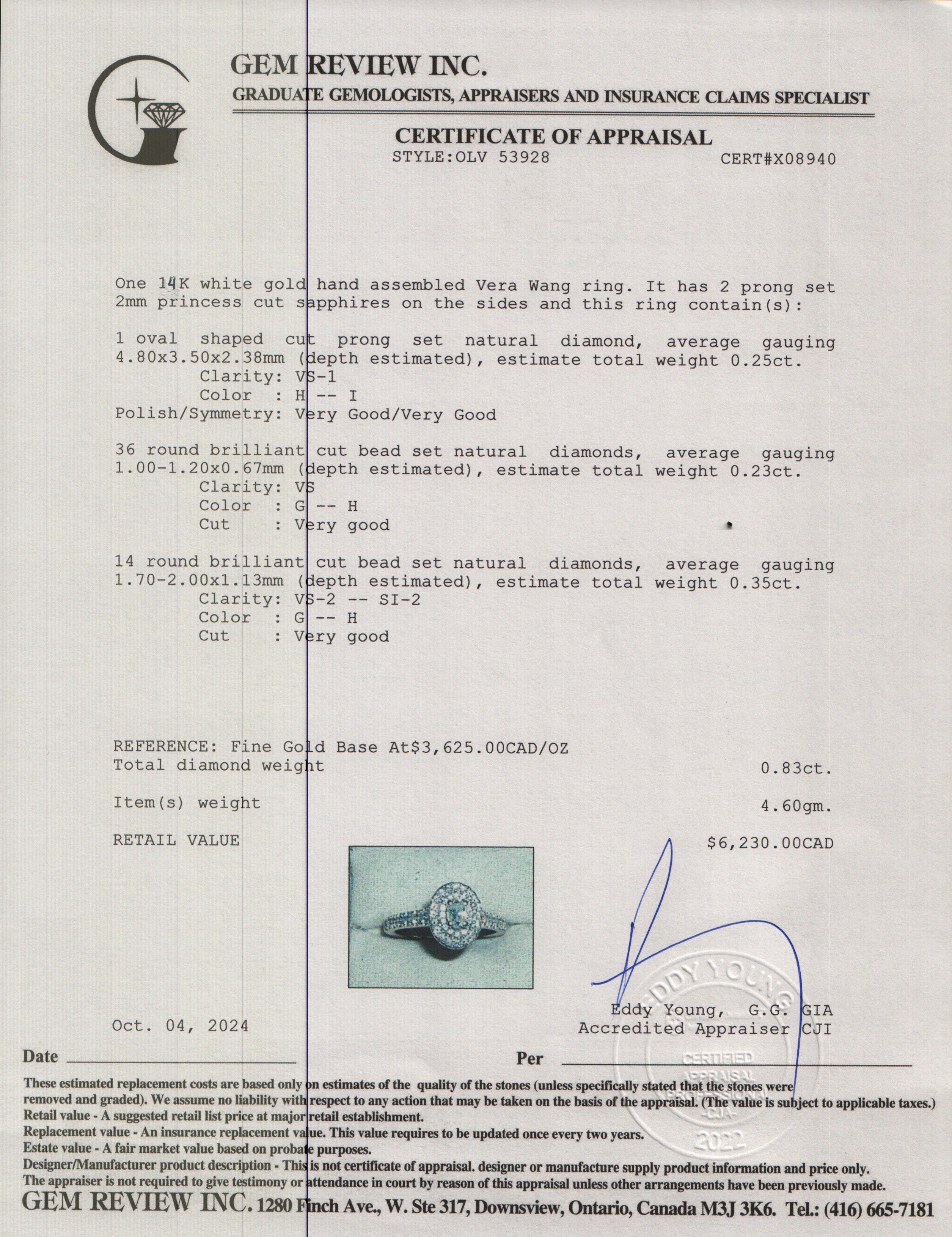 Vera Wang 14k White Gold Love Oval Cut Diamond Engagement Ring, Size 7