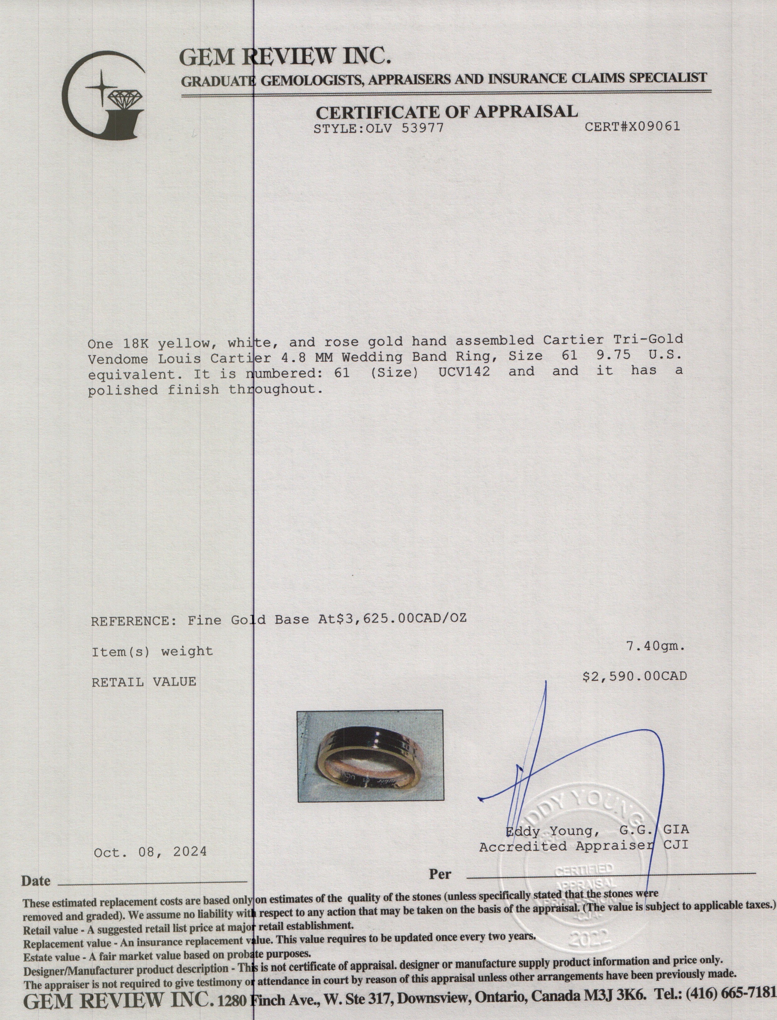 Cartier 18k Tri-Gold Vendome Louis Cartier 4.8 MM Wedding Band Ring, Size 61 9.75 w/ Certificate & Receipt