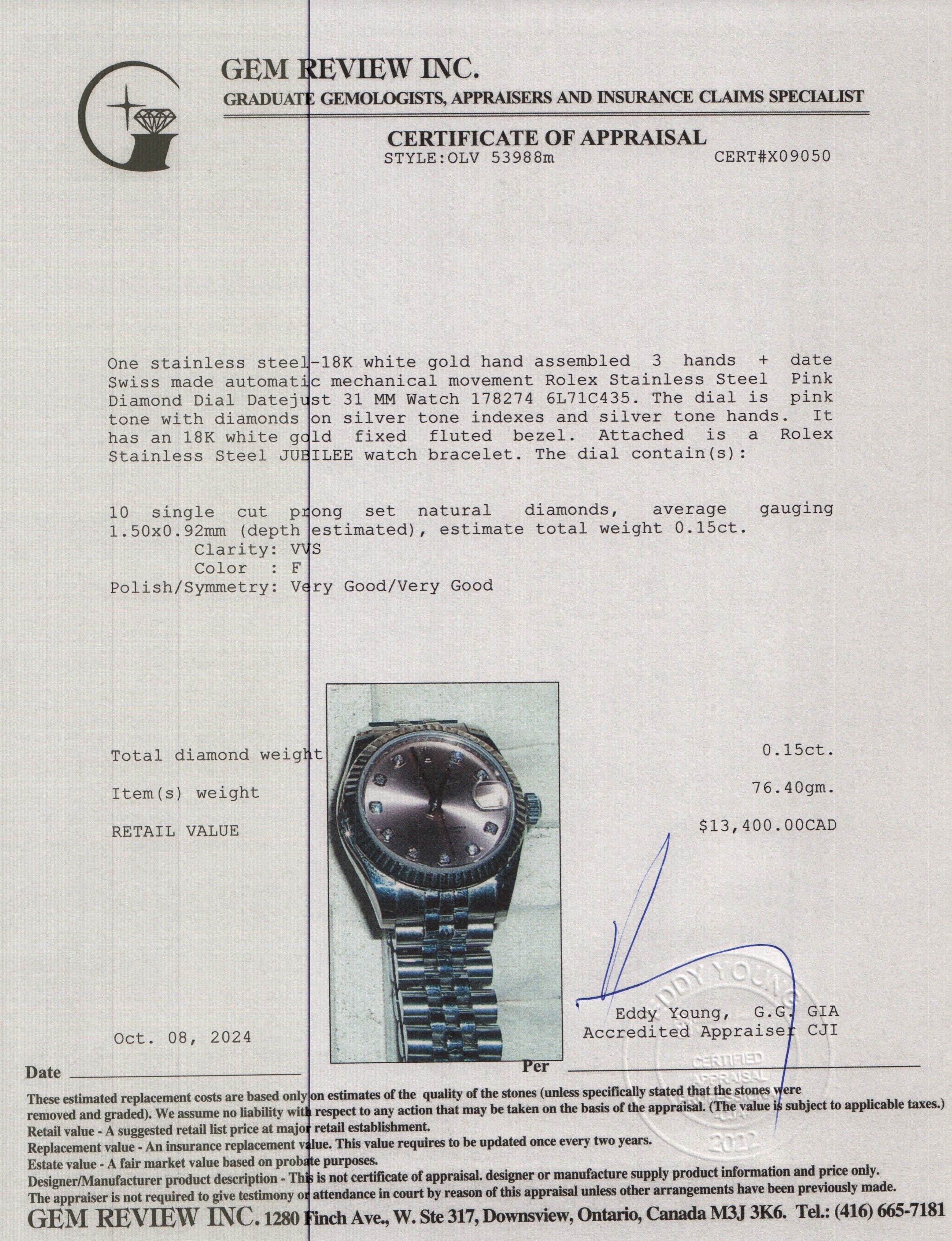 Rolex Stainless Steel Pink Diamond Dial Datejust 31 MM Watch 178274 w/ Box & Papers