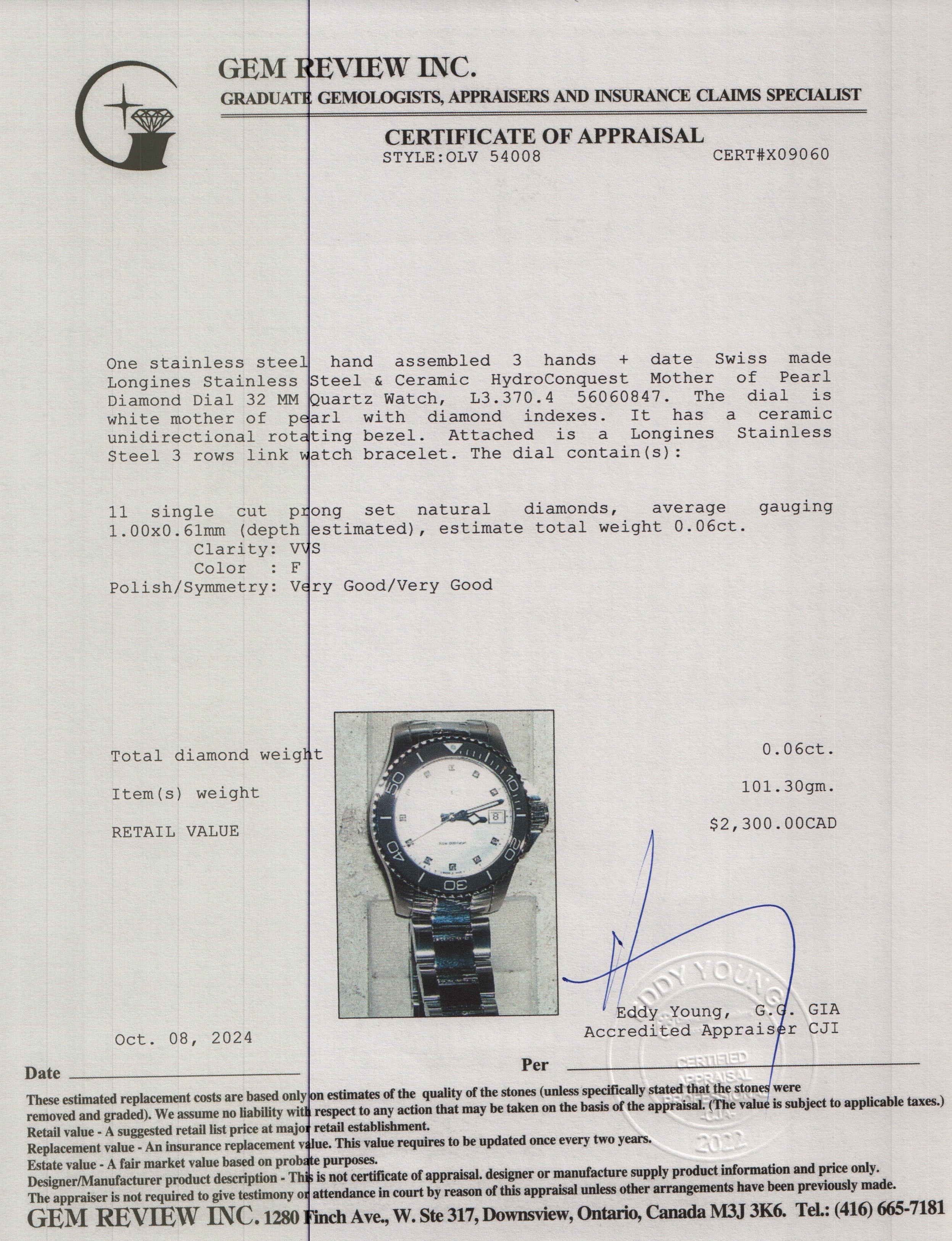 Longines 2024 Stainless Steel & Black Ceramic HydroConquest Mother of Pearl Diamond Dial 32 MM Quartz Watch w/ Box & Papers