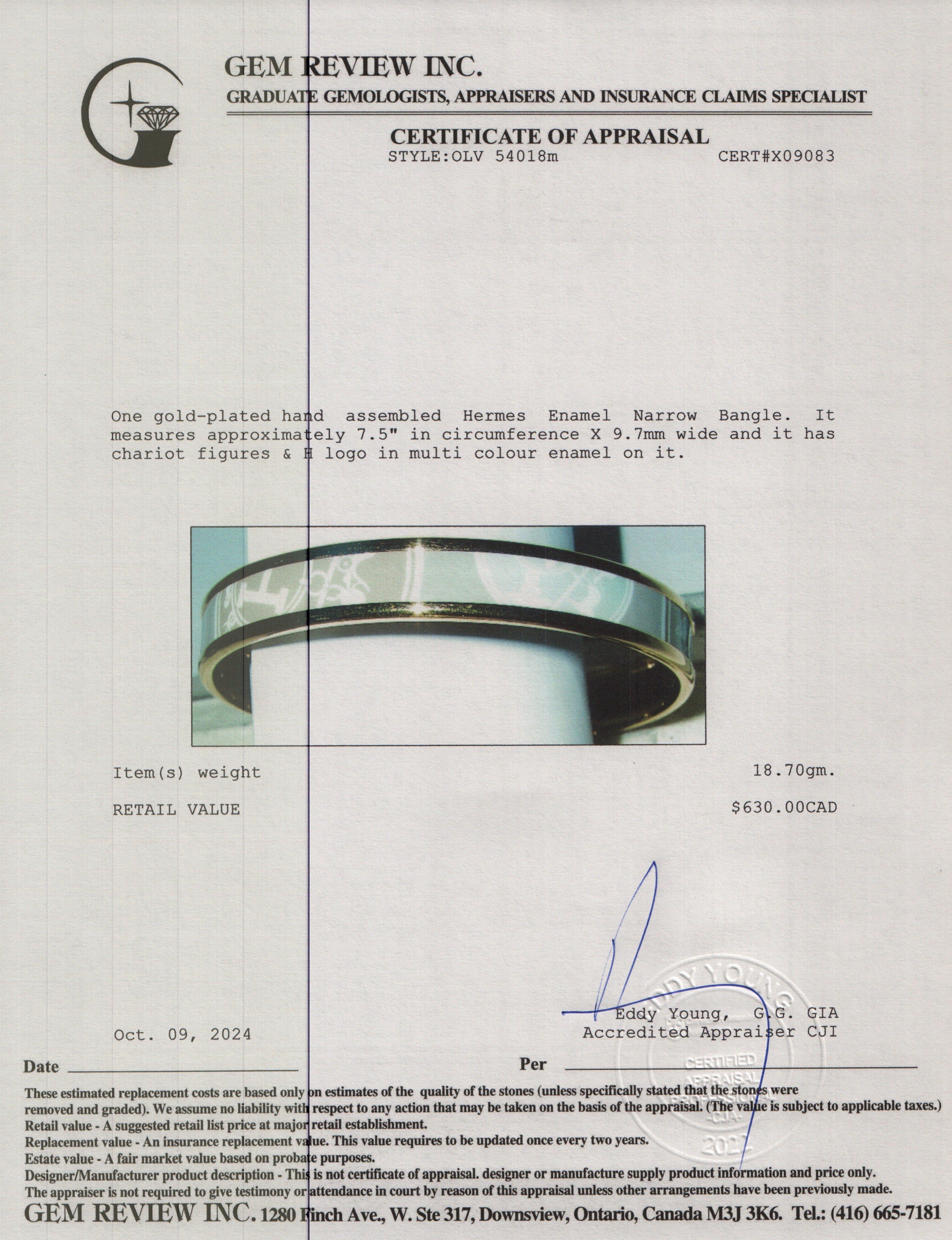 Hermes Gold-Plated Enamel Narrow Bangle w/ Box