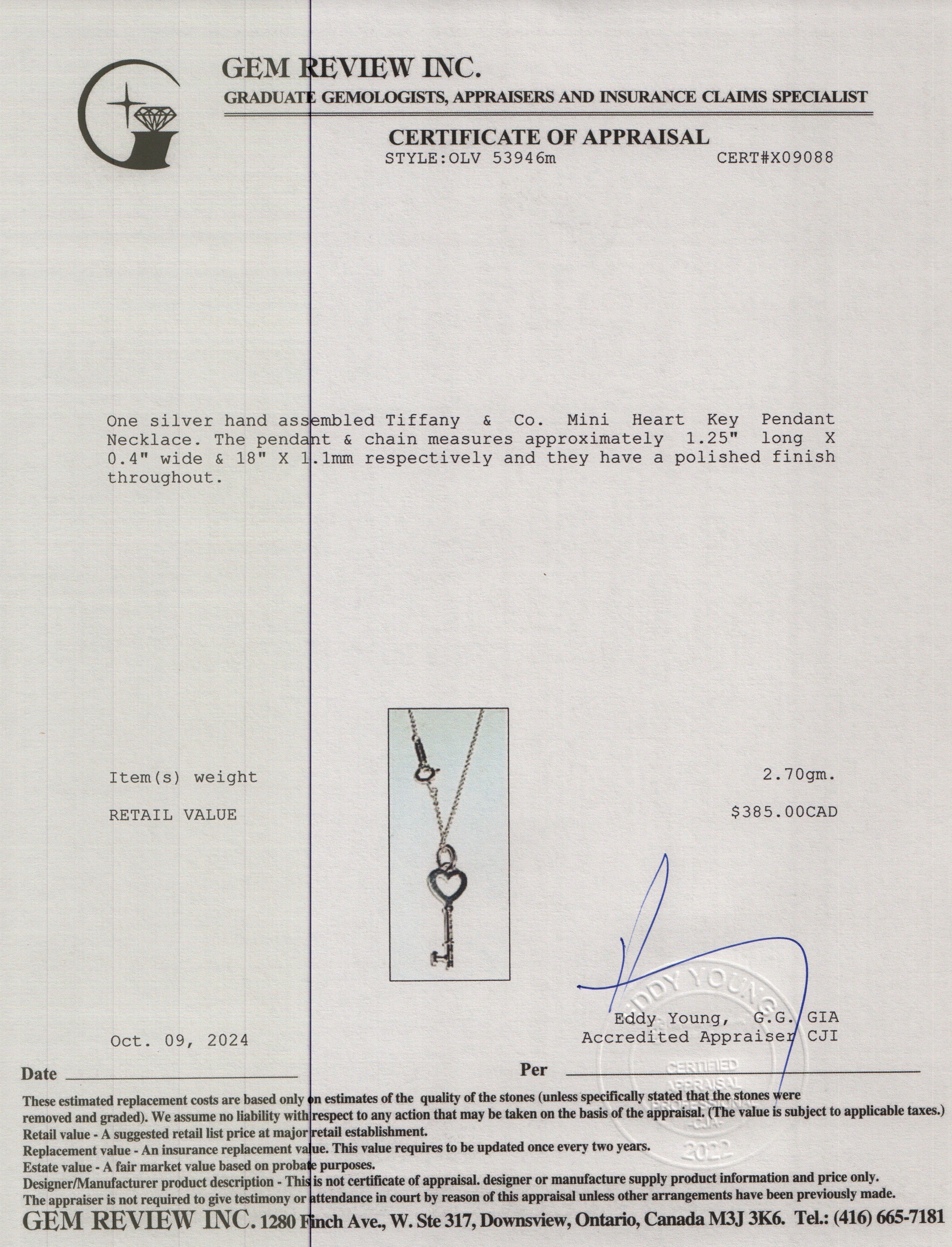 Tiffany & Co. Sterling Silver Mini Heart Key Pendant Necklace