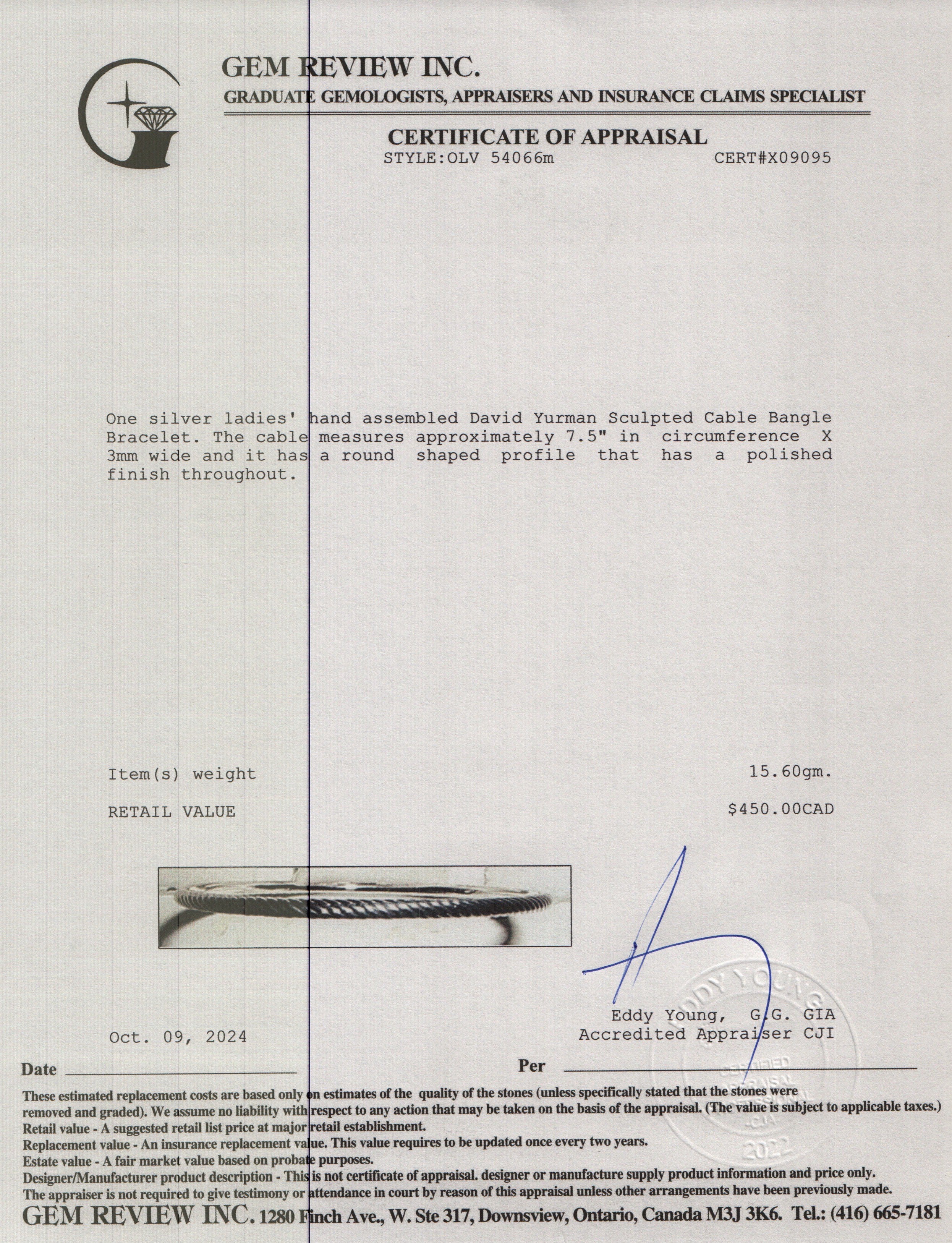 David Yurman Sterling Silver 3 MM Sculpted Cable Bangle Bracelet