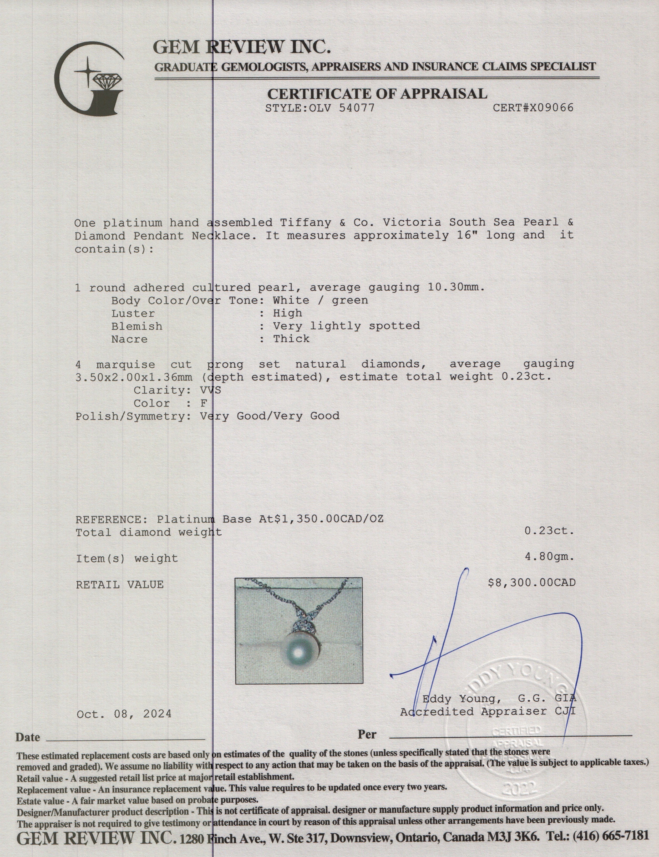 Tiffany & Co. Platinum Victoria South Sea Pearl & Diamond Pendant Necklace