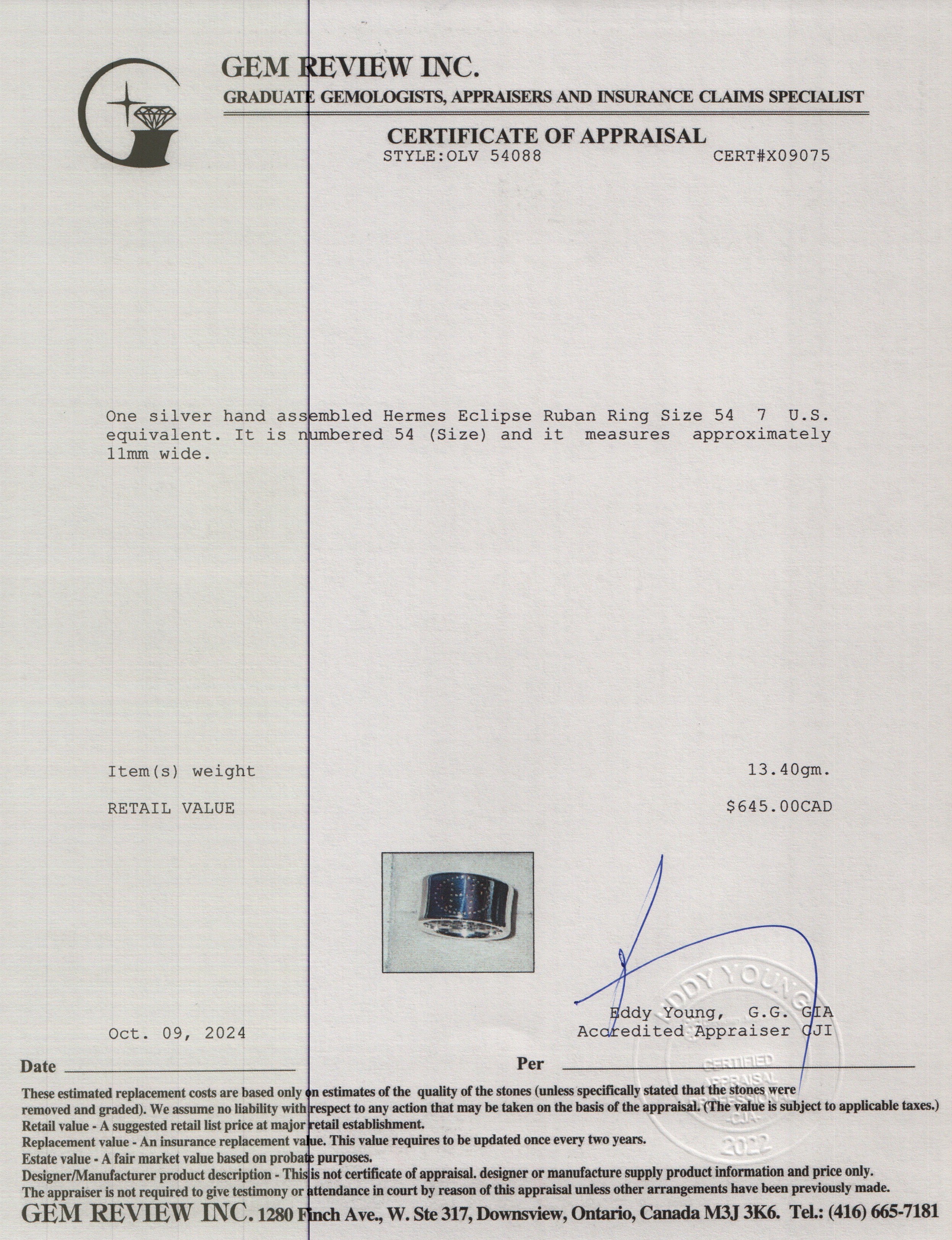 Hermes Sterling Silver Eclipse Ruban Ring Size 54 7 w/ Box