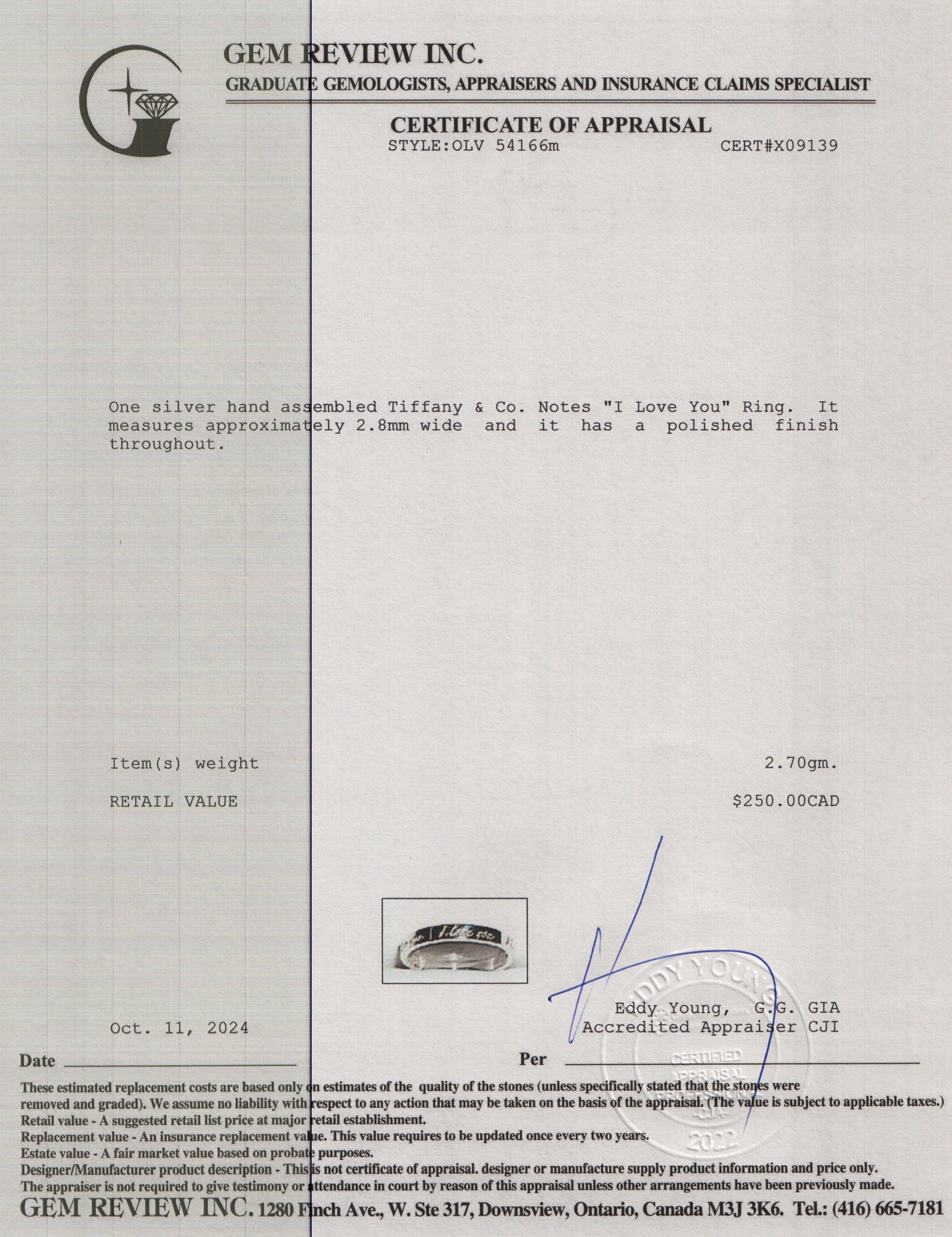 Tiffany & Co. Sterling Silver Notes "I Love You" Ring, Size 7