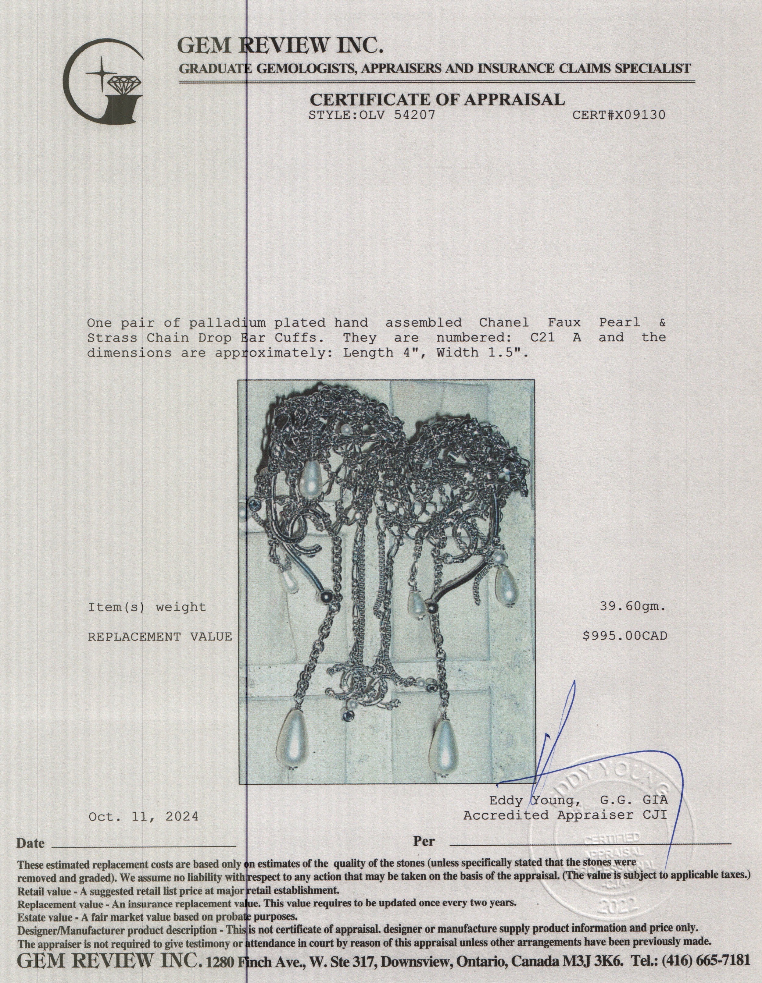 Chanel 2021 Palladium Plated Faux Pearl & Strass Chain Drop Ear Cuffs w/ Pouch