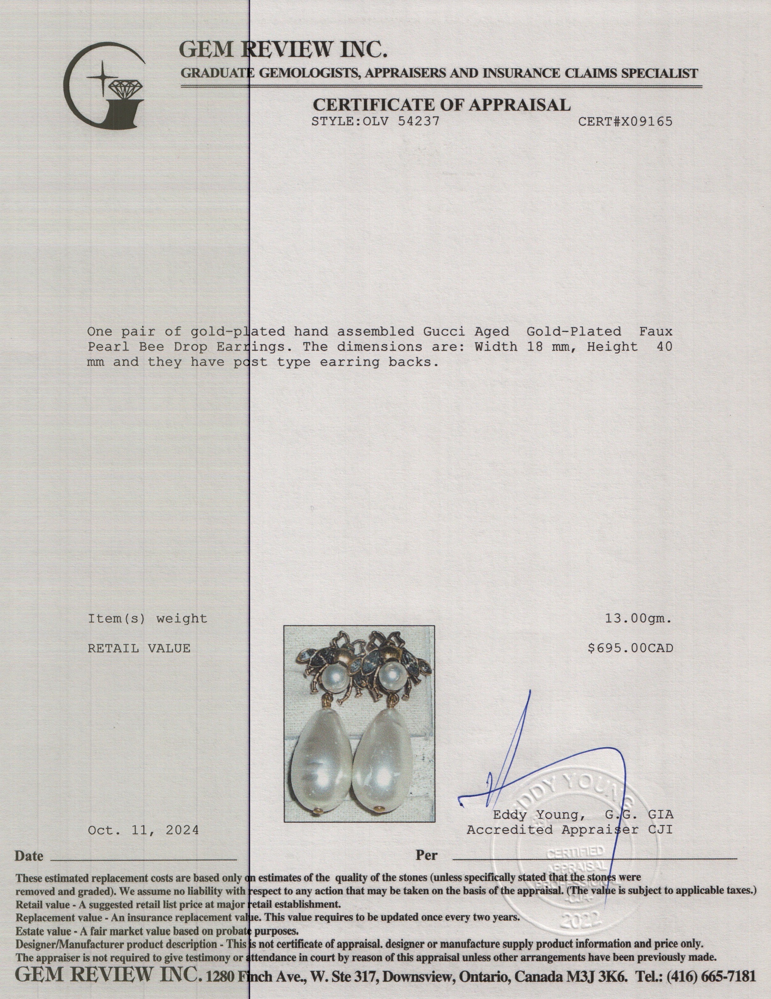 Gucci Aged Gold-Plated Faux Pearl Bee Drop Earrings