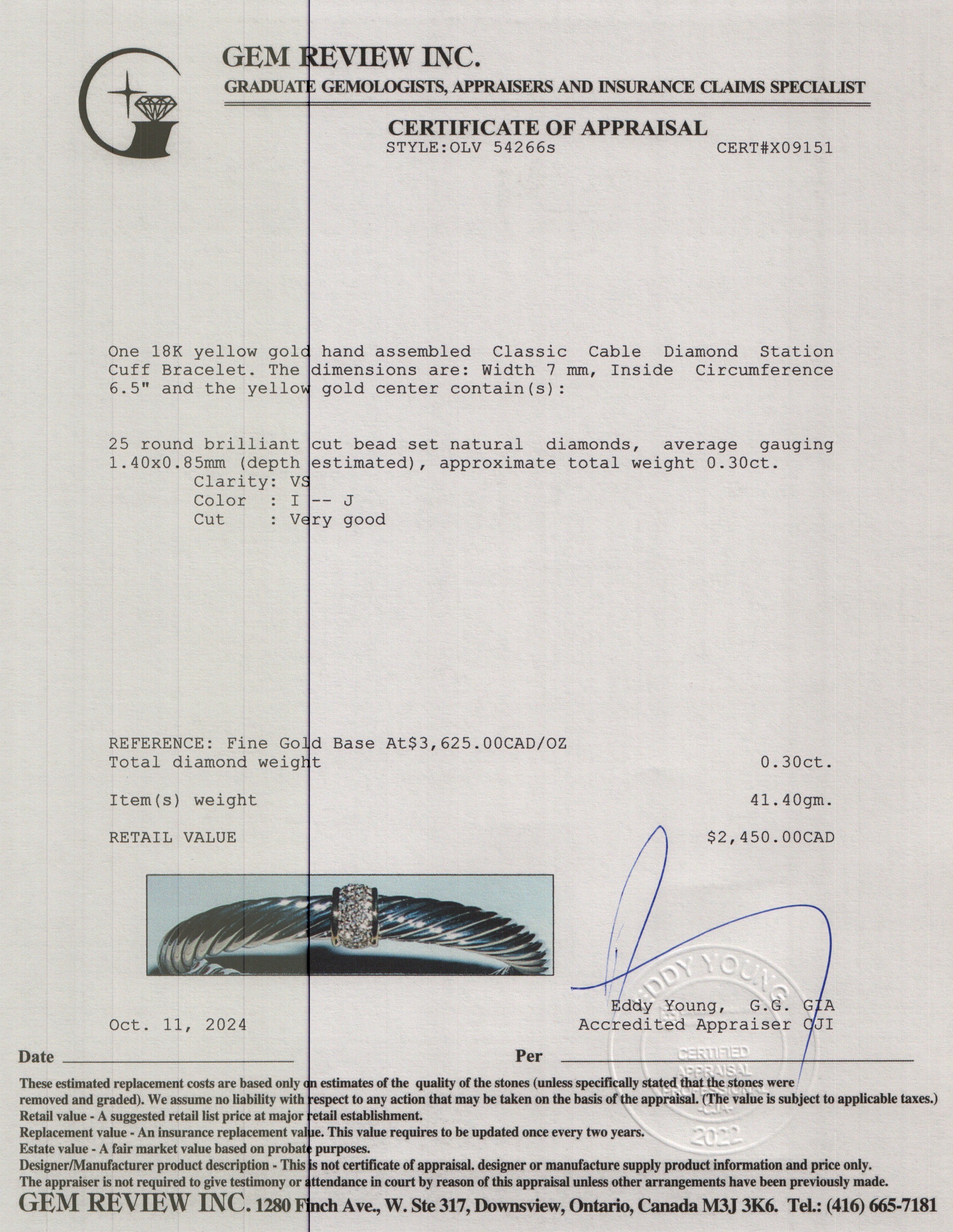 David Yurman Sterling Silver & 18k Yellow Gold 7MM Classic Cable Diamond Station Cuff Bracelet w/ Box