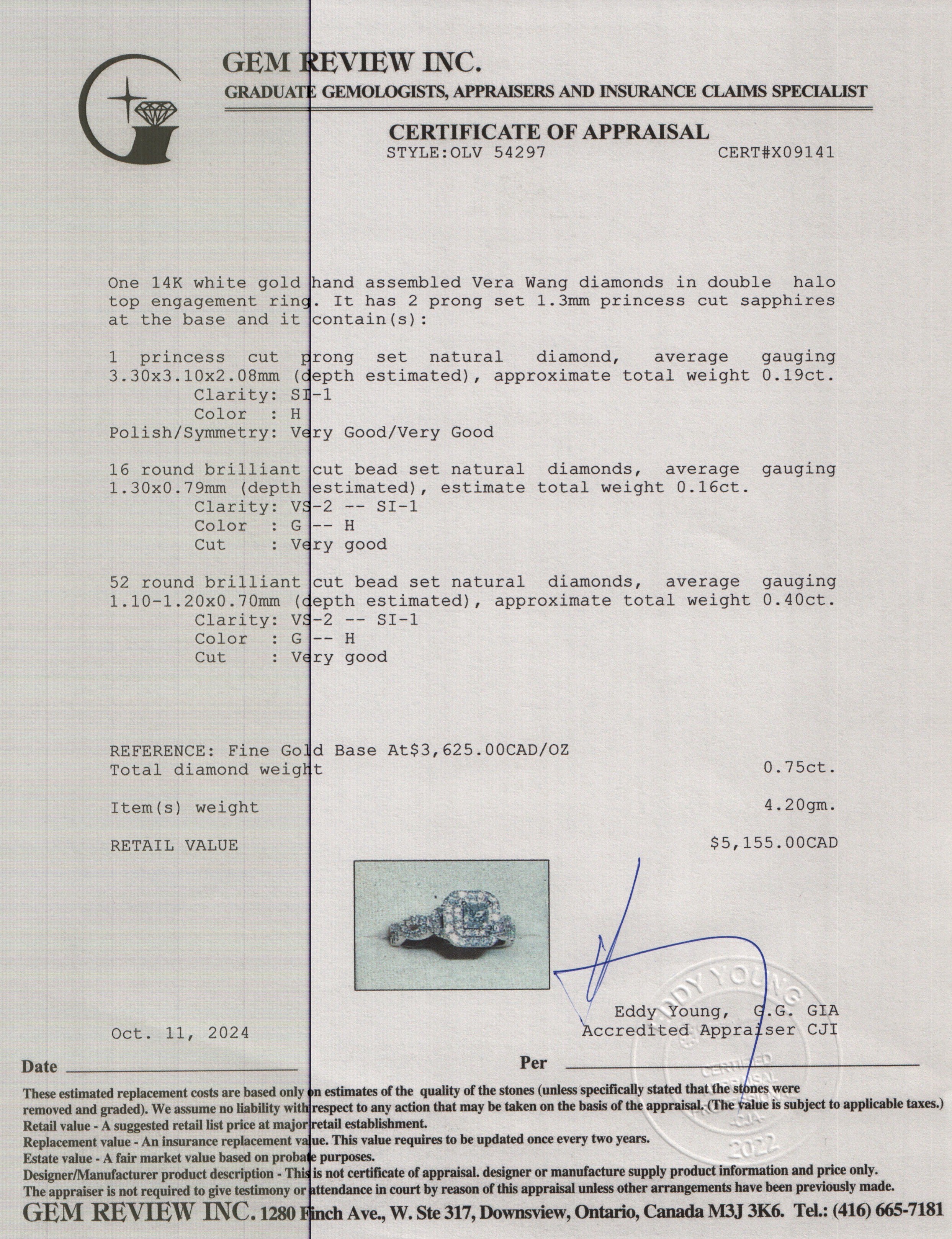 Vera Wang 14k White Gold Love Princess Cut Diamond Engagement Ring, Size 6.5