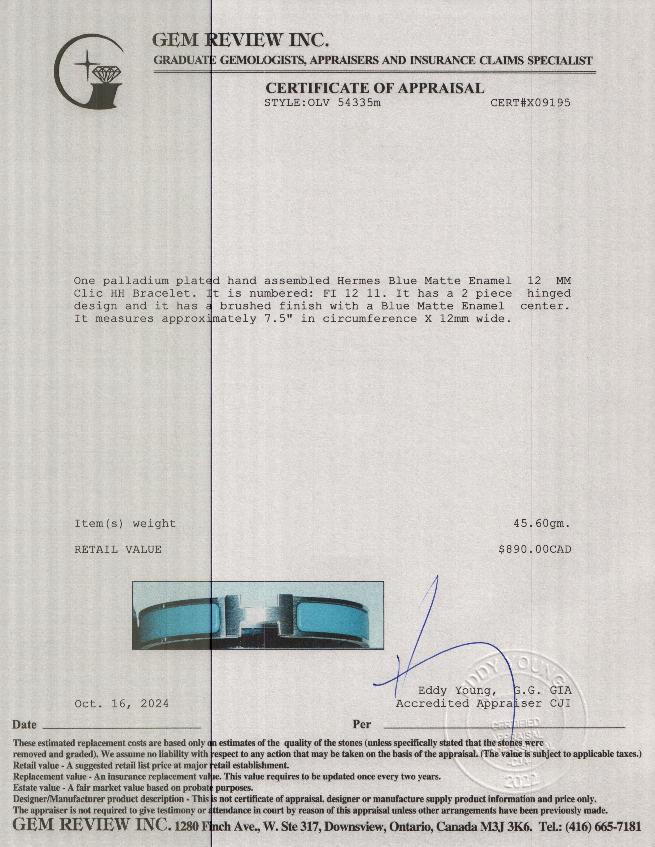 Hermes Palladium Plated Blue Matte Enamel 12 MM Clic HH Bracelet w/ Box