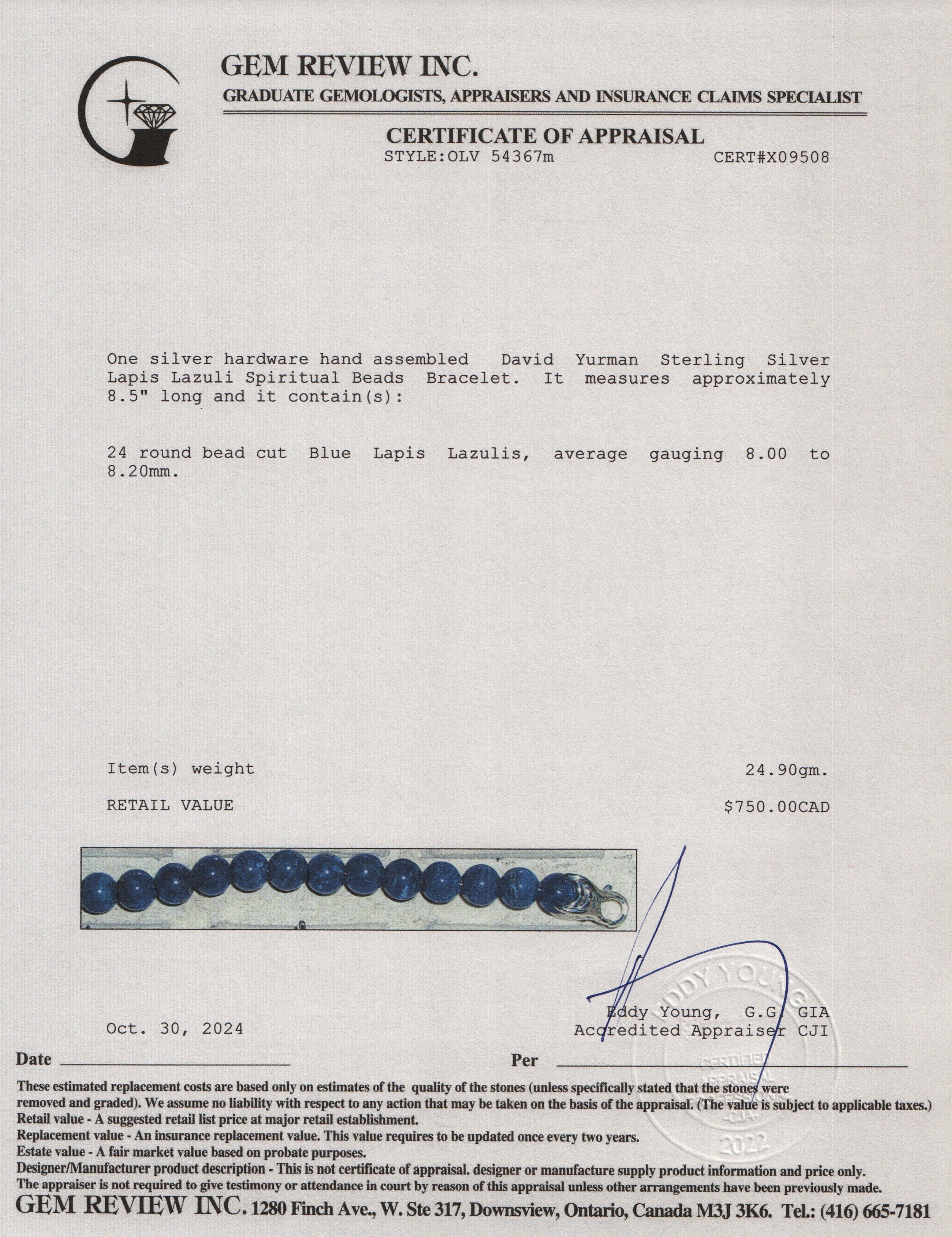 David Yurman Sterling Silver Lapis Lazuli Spiritual Beads Bracelet