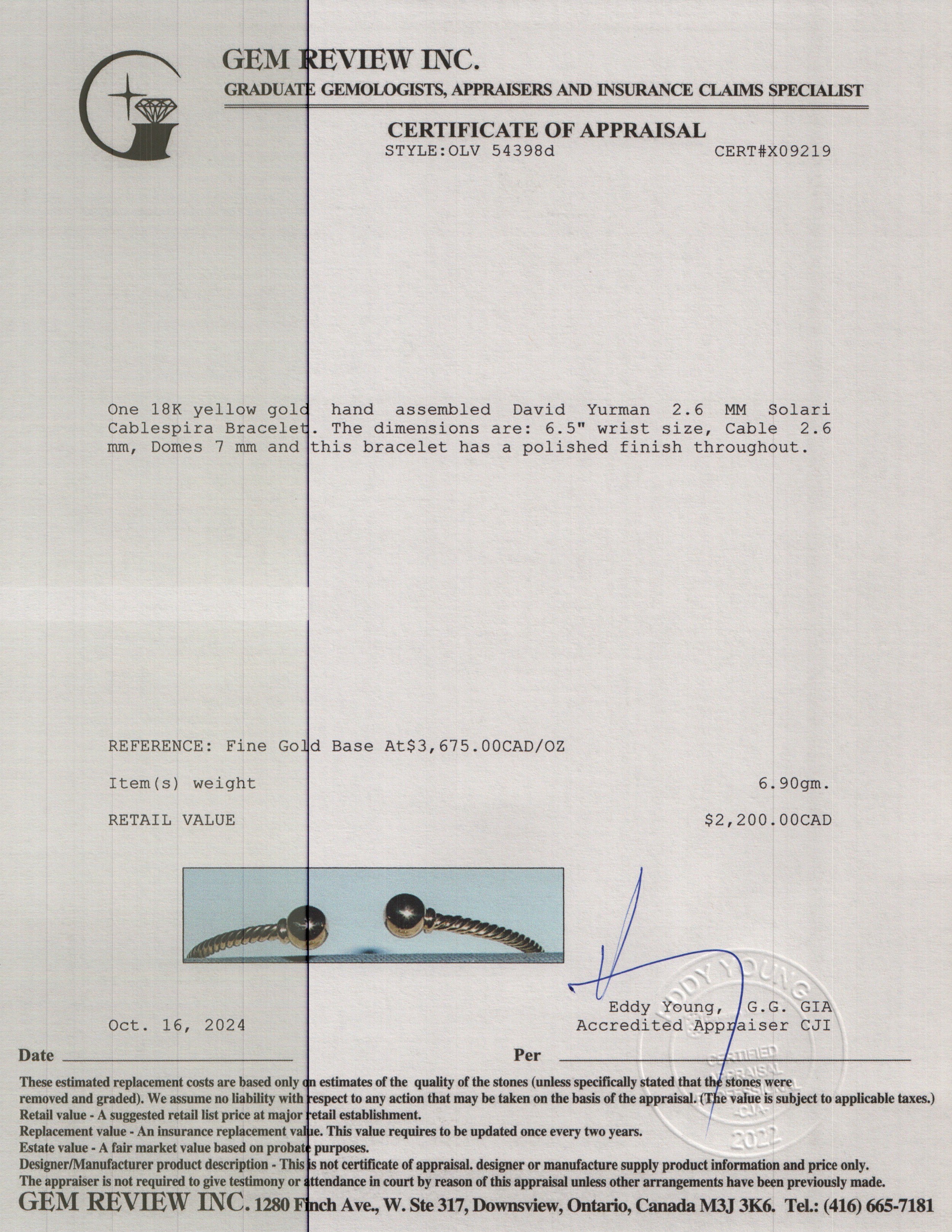 David Yurman 18k Yellow Gold 2.6 MM Solari Cablespira Bracelet