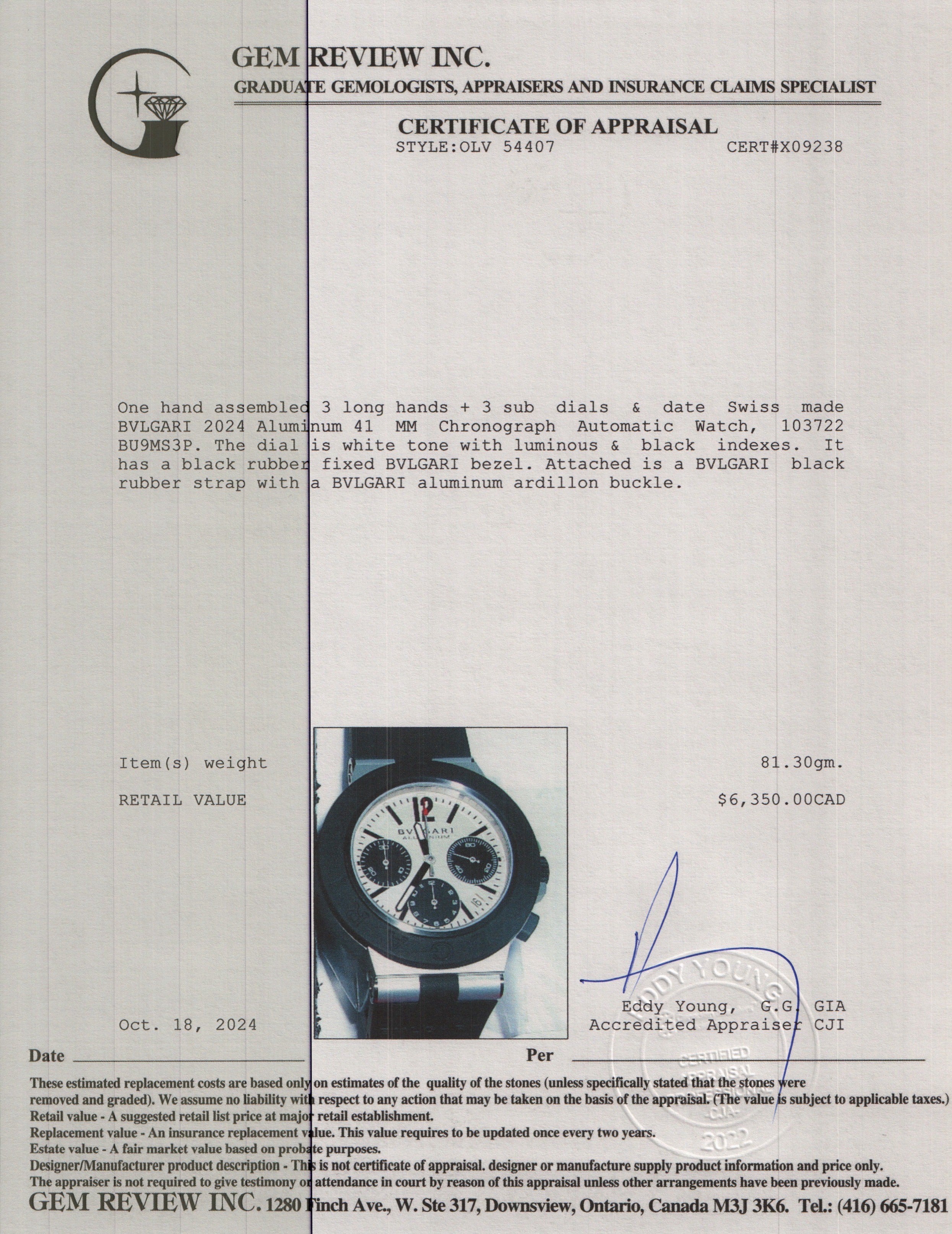 BVLGARI 2024 Aluminum 41 MM Chronograph Automatic Watch w/ Box & Papers