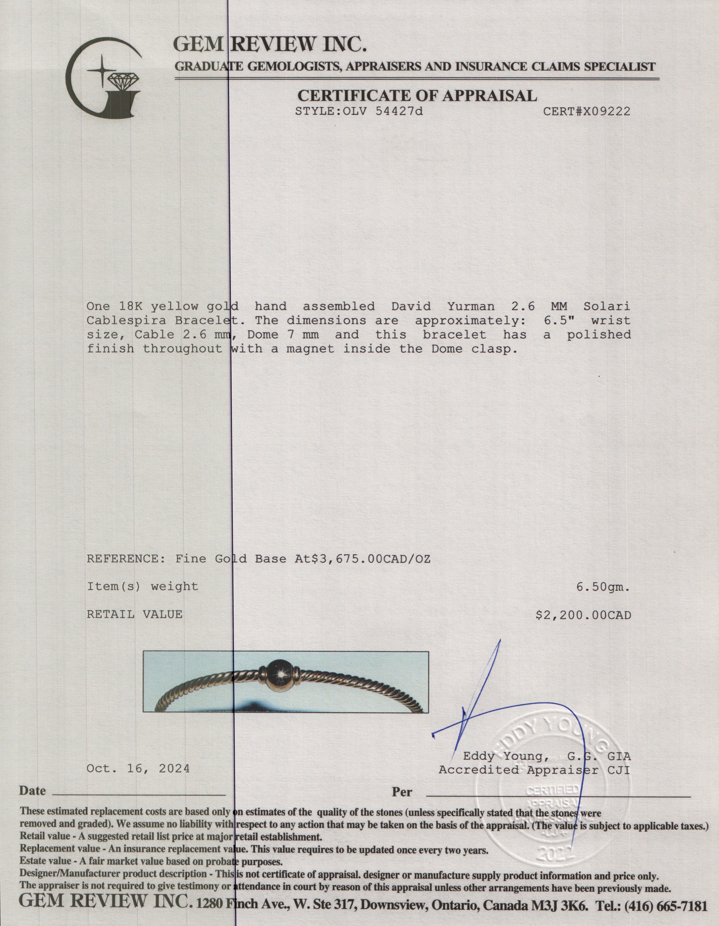 David Yurman 18k Yellow Gold 2.6 MM Solari Cablespira Bracelet