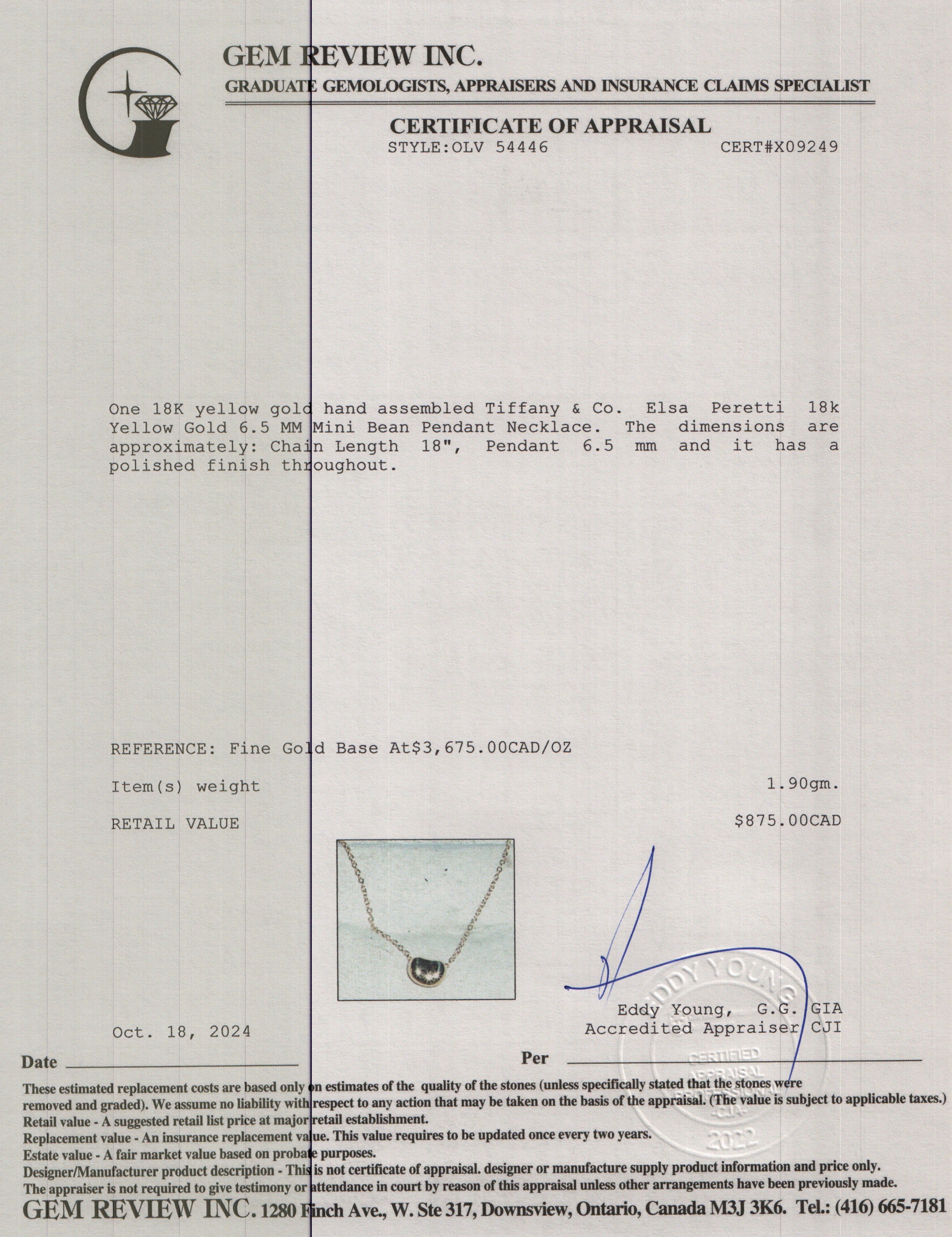 Tiffany & Co. Elsa Peretti 18k Yellow Gold 6.5 MM Mini Bean Pendant Necklace w/ Box