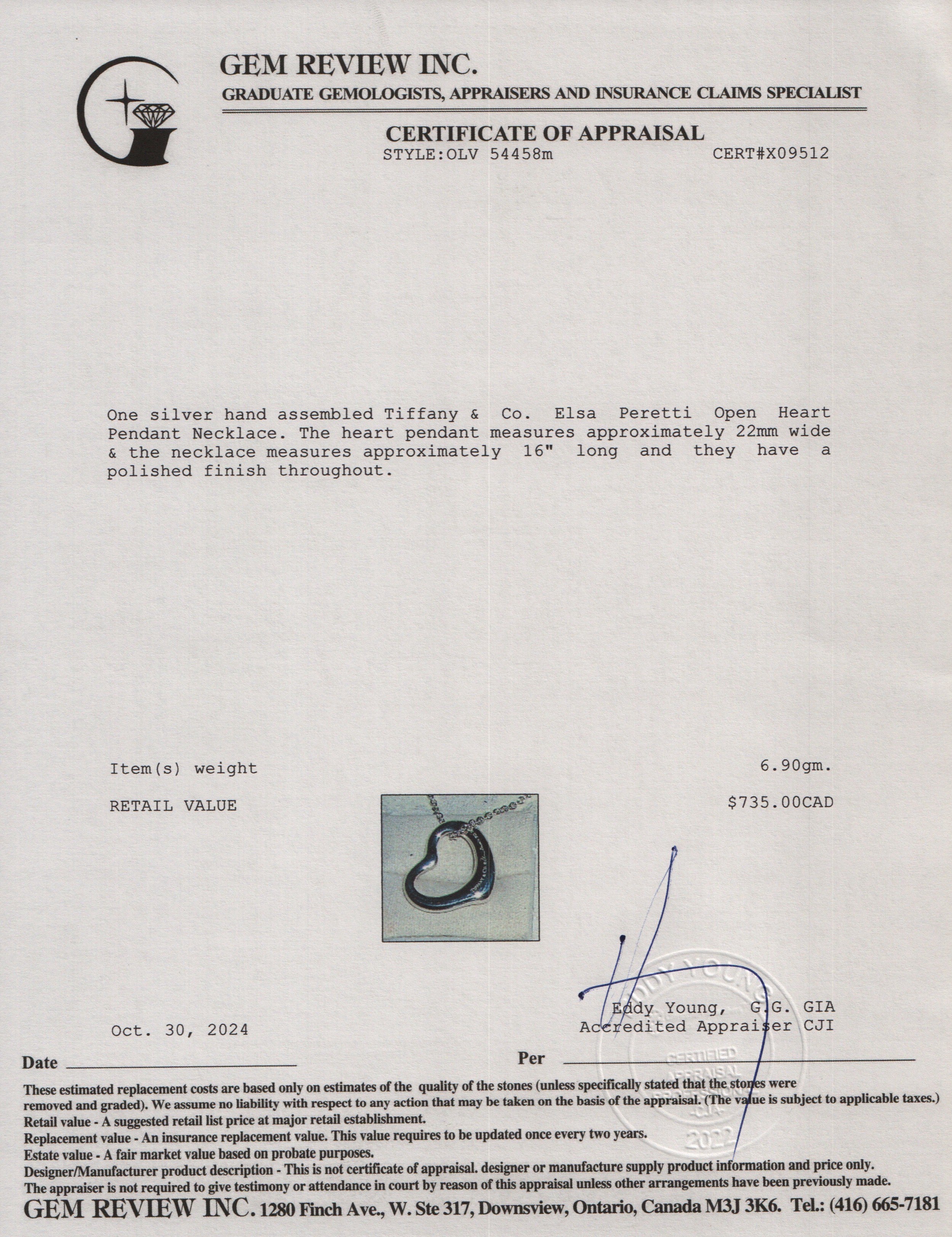 Tiffany & Co. Sterling Silver Elsa Peretti Open Heart Pendant Necklace, 22 MM