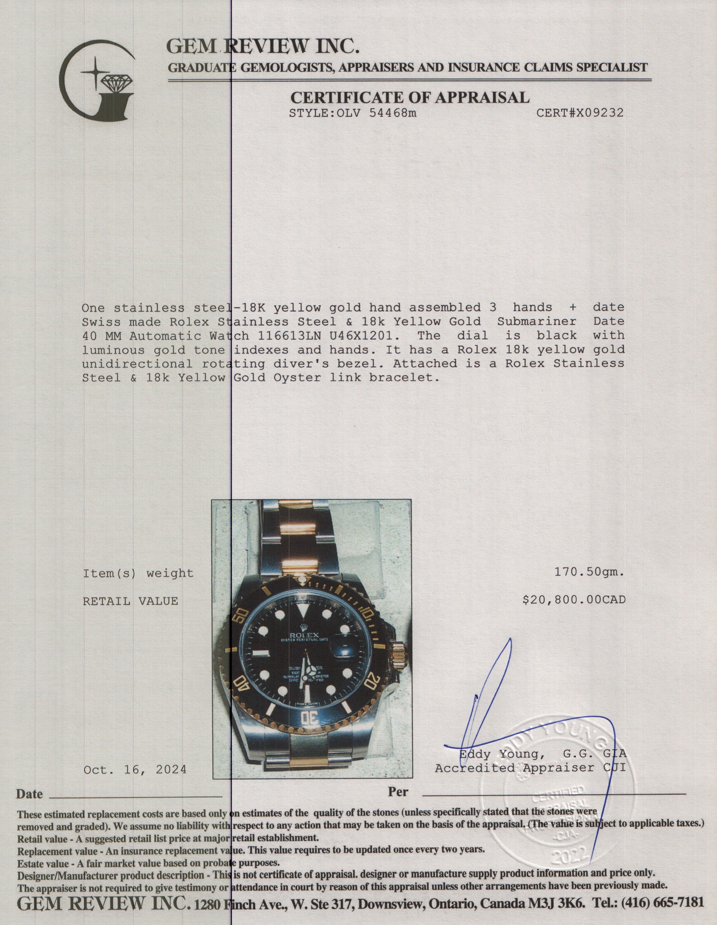 Rolex Stainless Steel & 18k Yellow Gold Submariner Date 40 MM Automatic Watch 116613LN w/ Box & Papers