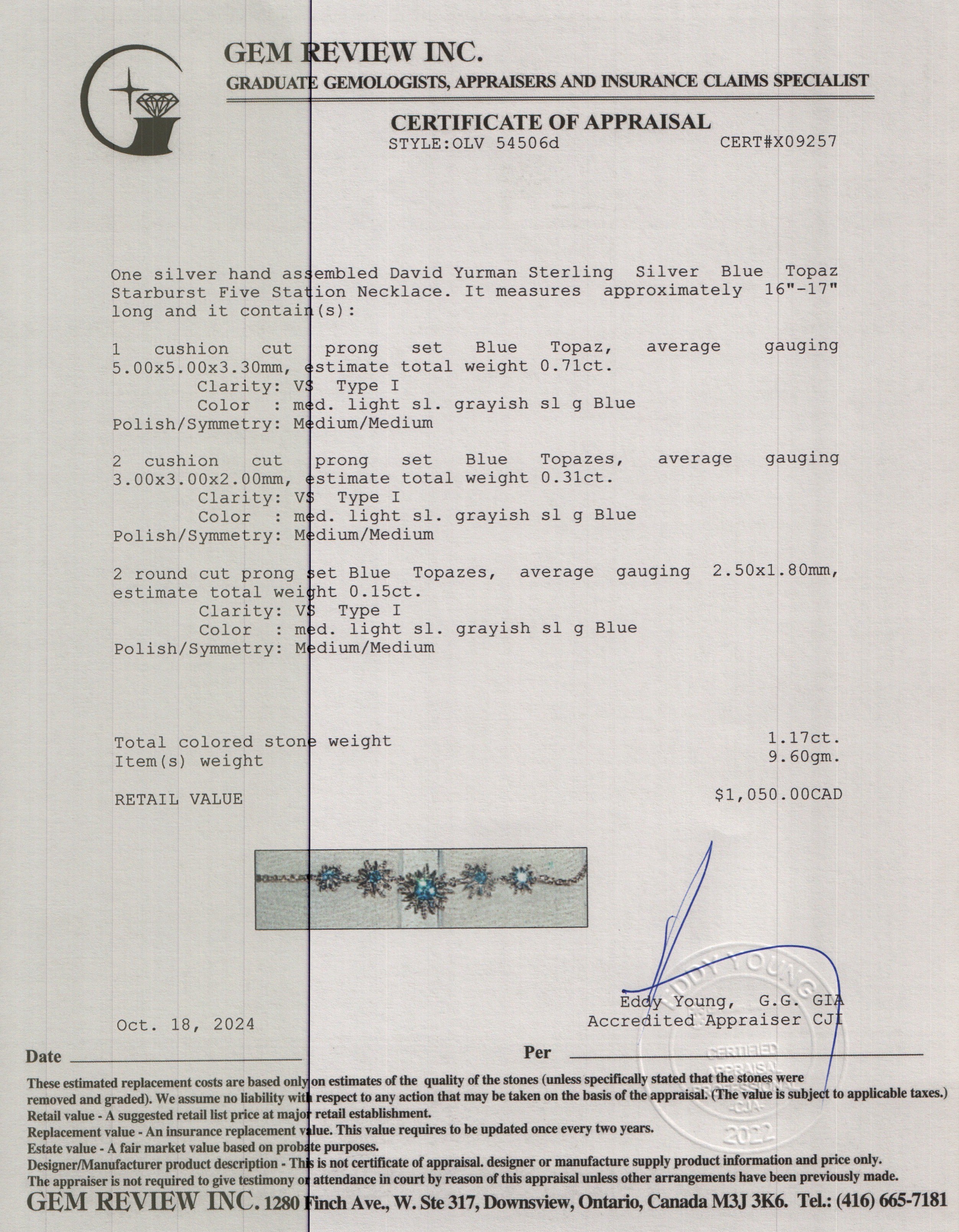 David Yurman Sterling Silver Blue Topaz Starburst Five Station Necklace