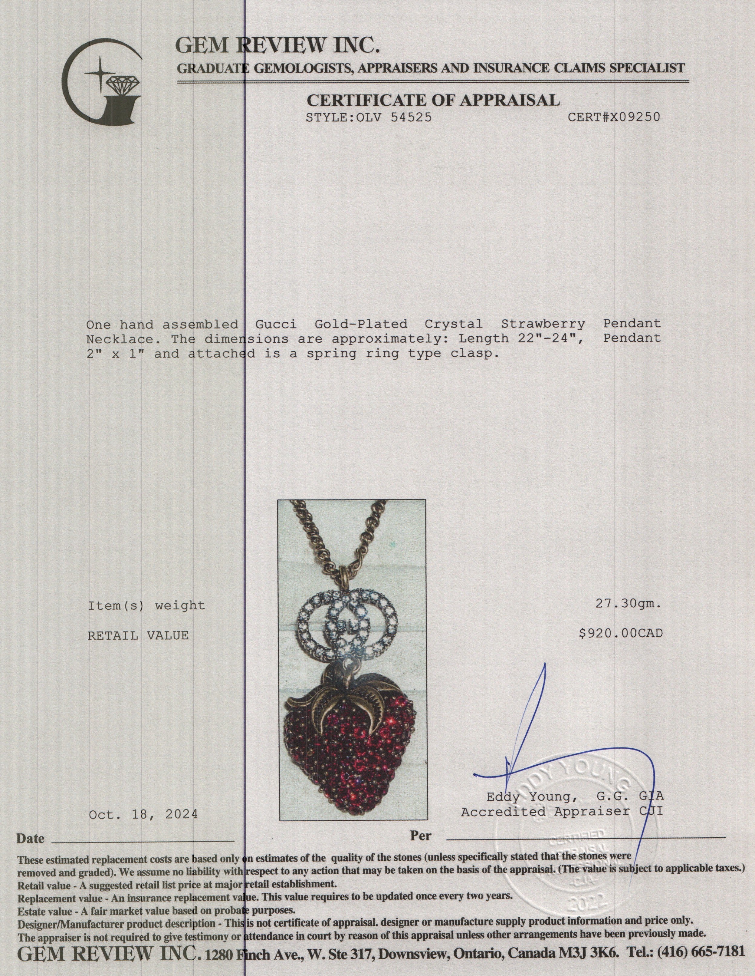 Gucci Gold-Plated Crystal Strawberry Pendant Necklace w/ Box