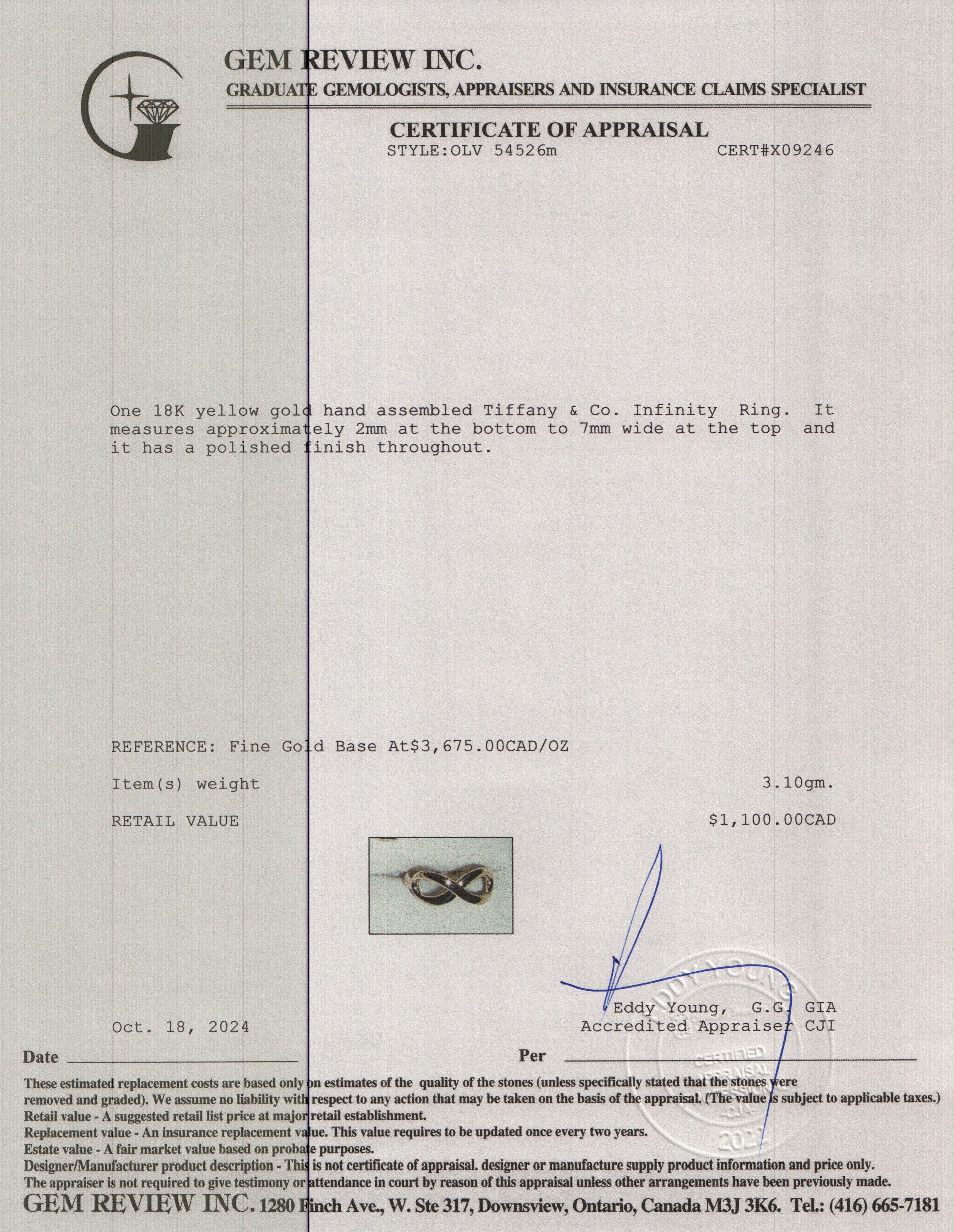 Tiffany & Co. 18k Yellow Gold Infinity Ring, Size 5