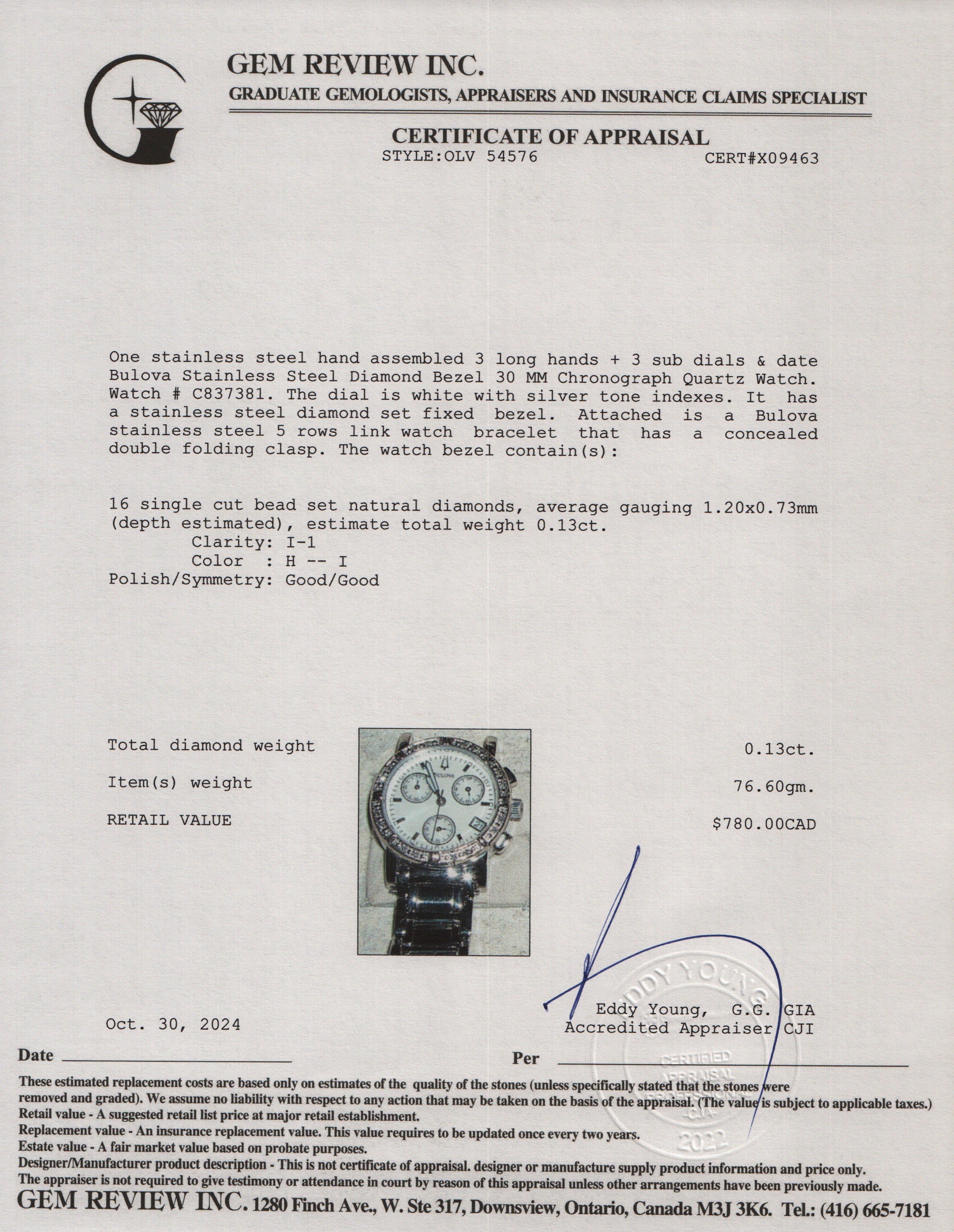 Bulova Stainless Steel Diamond Bezel 30 MM Chronograph Quartz Watch