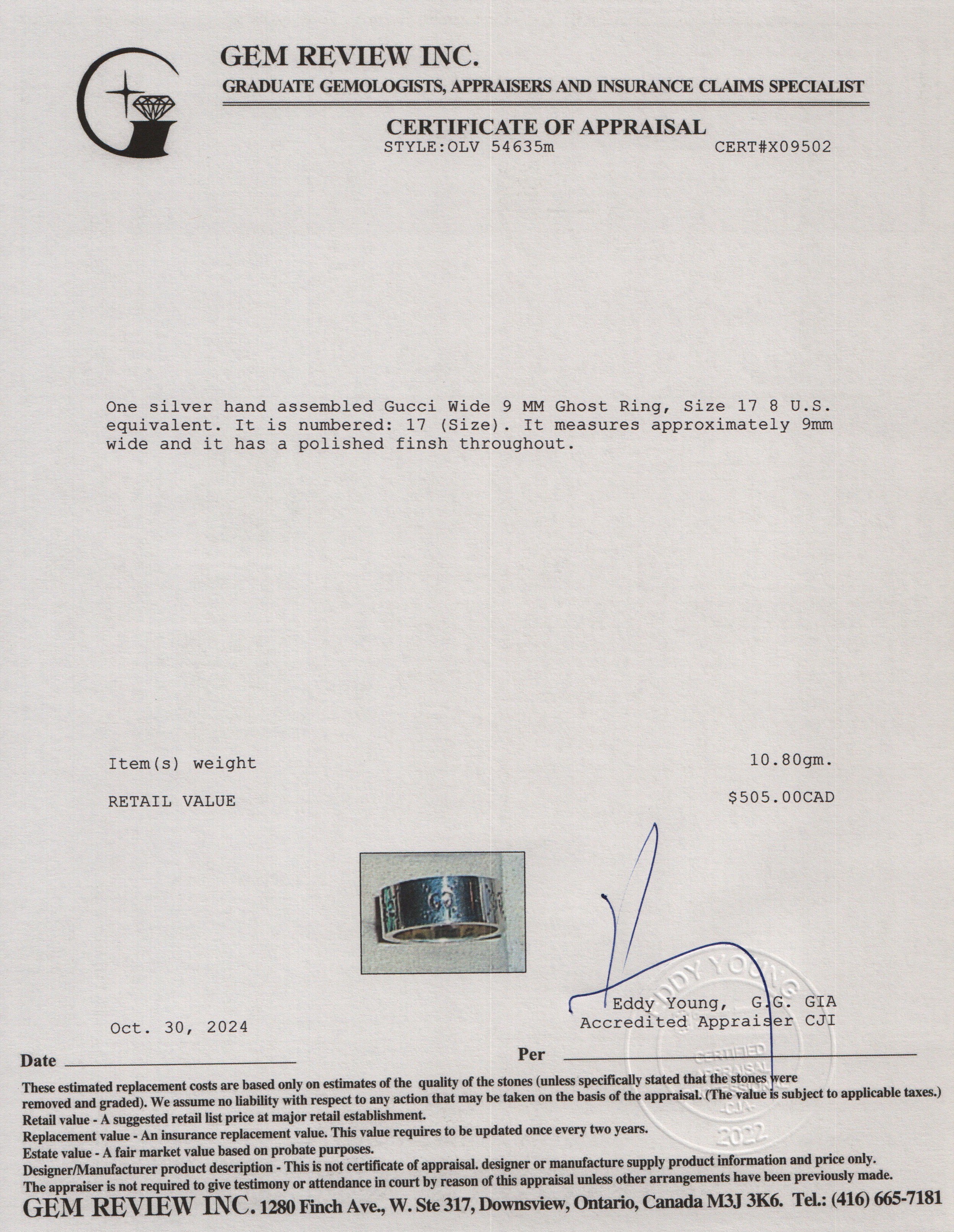 Gucci Sterling Silver Wide 9 MM Ghost Ring, Size 17 8 w/ Box