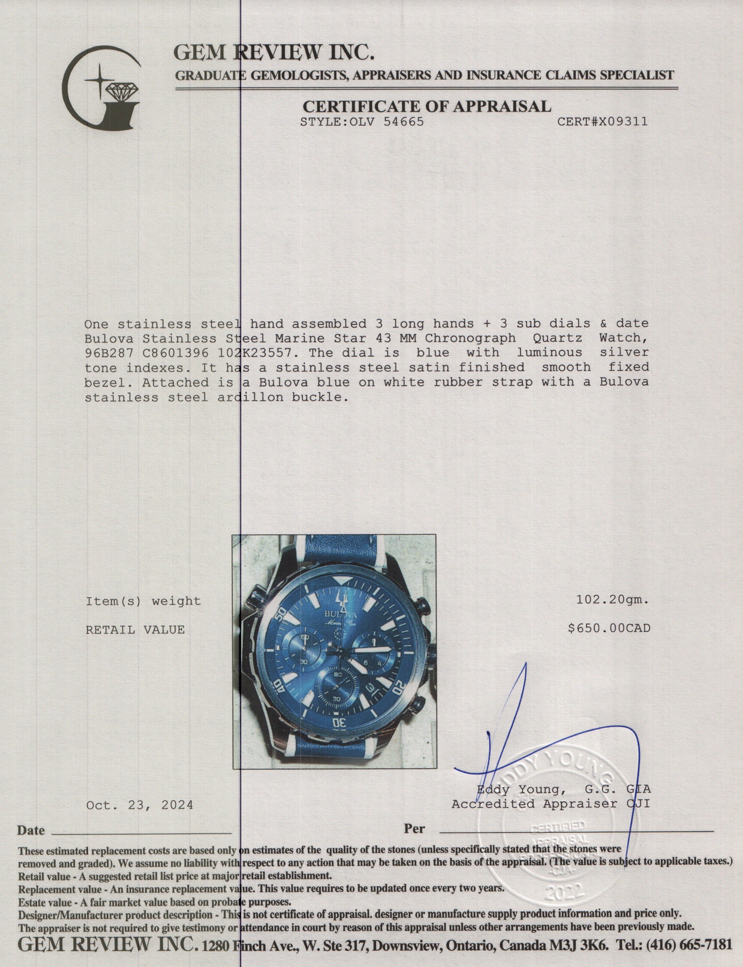 Bulova Stainless Steel Marine Star 43 MM Chronograph Quartz Watch 96B287