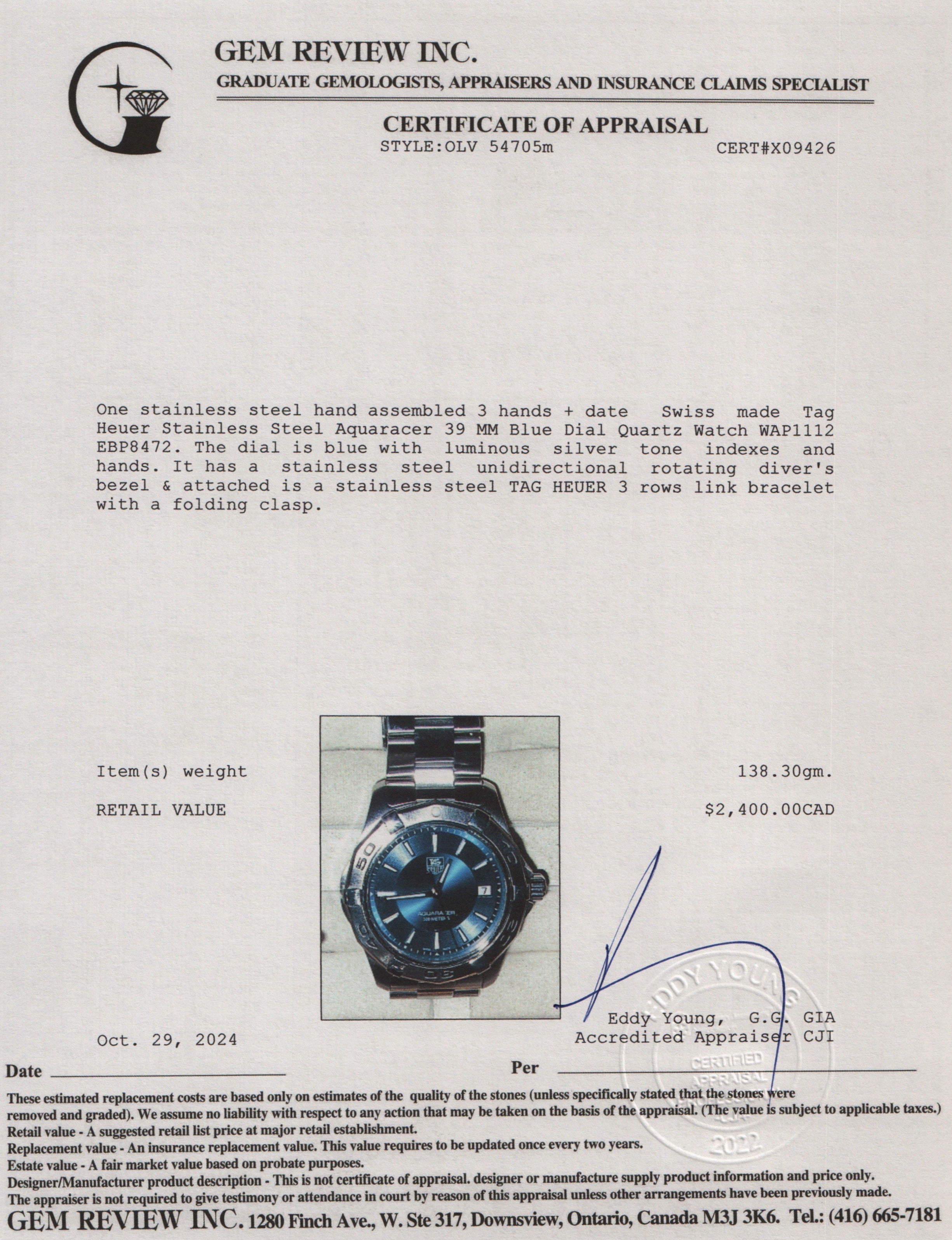 Tag Heuer Stainless Steel Aquaracer 39 MM Blue Dial Quartz Watch WAP1112