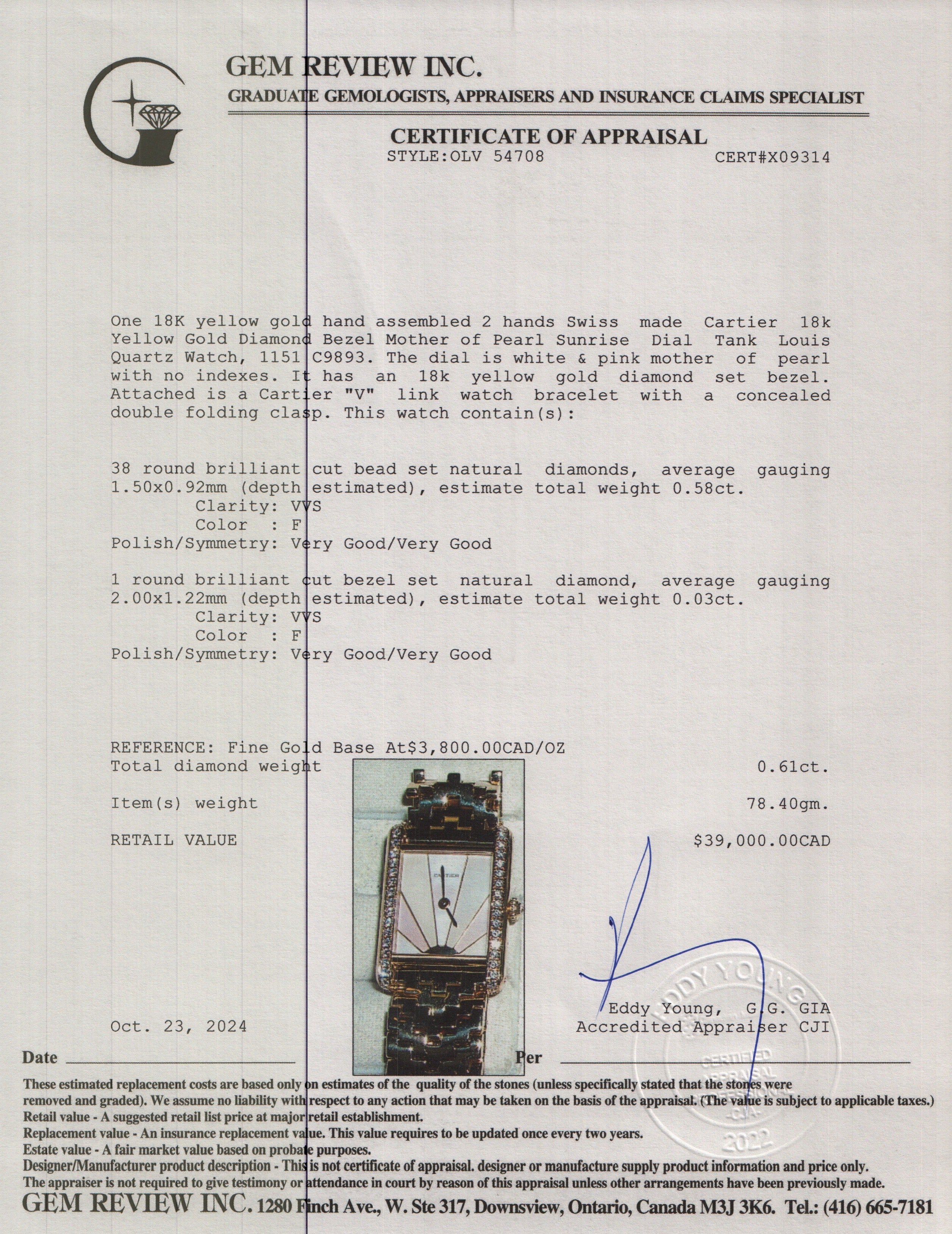 Cartier 18k Yellow Gold Diamond Bezel Mother of Pearl Sunrise Dial Tank Louis Quartz Watch