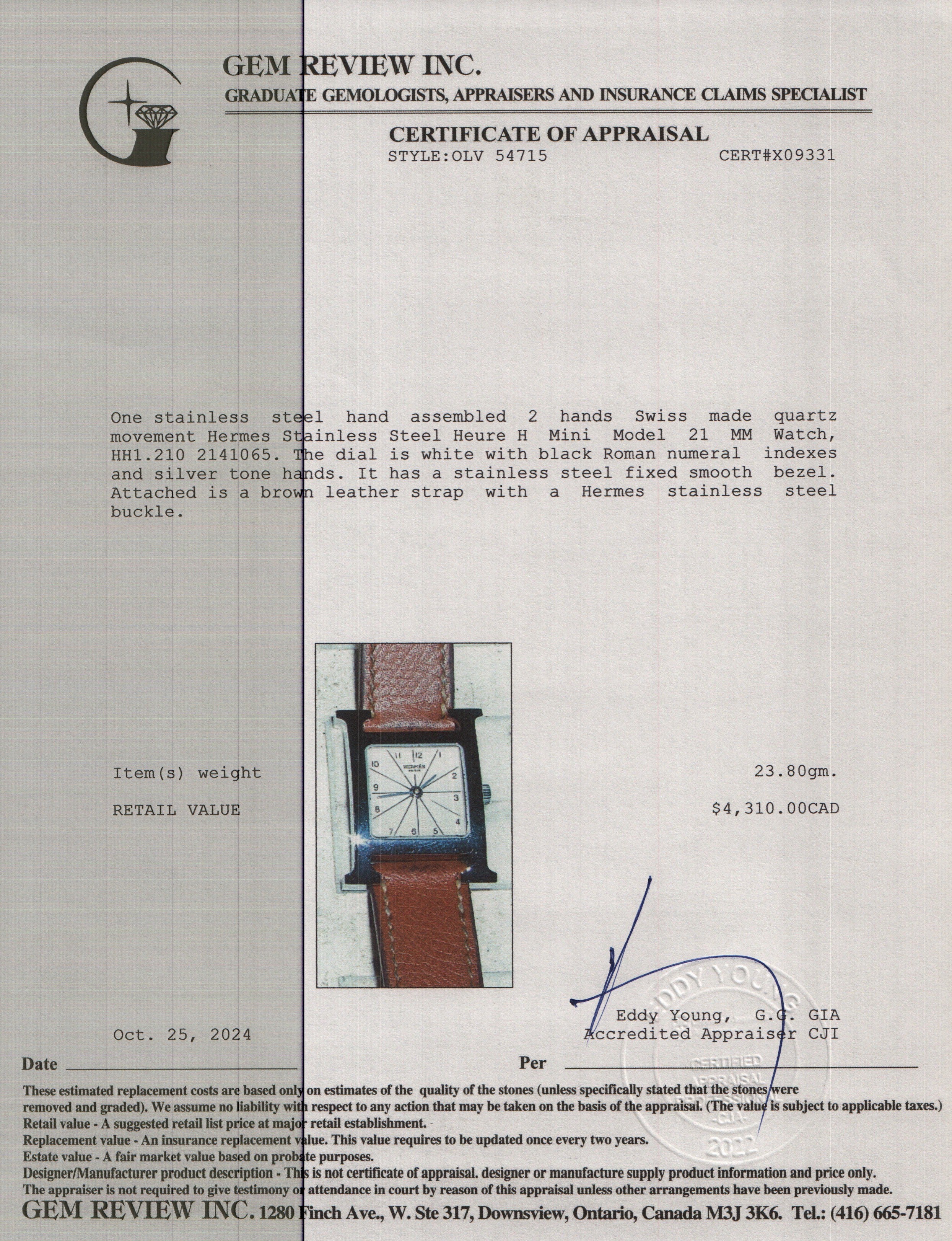 Hermes Stainless Steel Heure H Mini Model 21 MM Watch