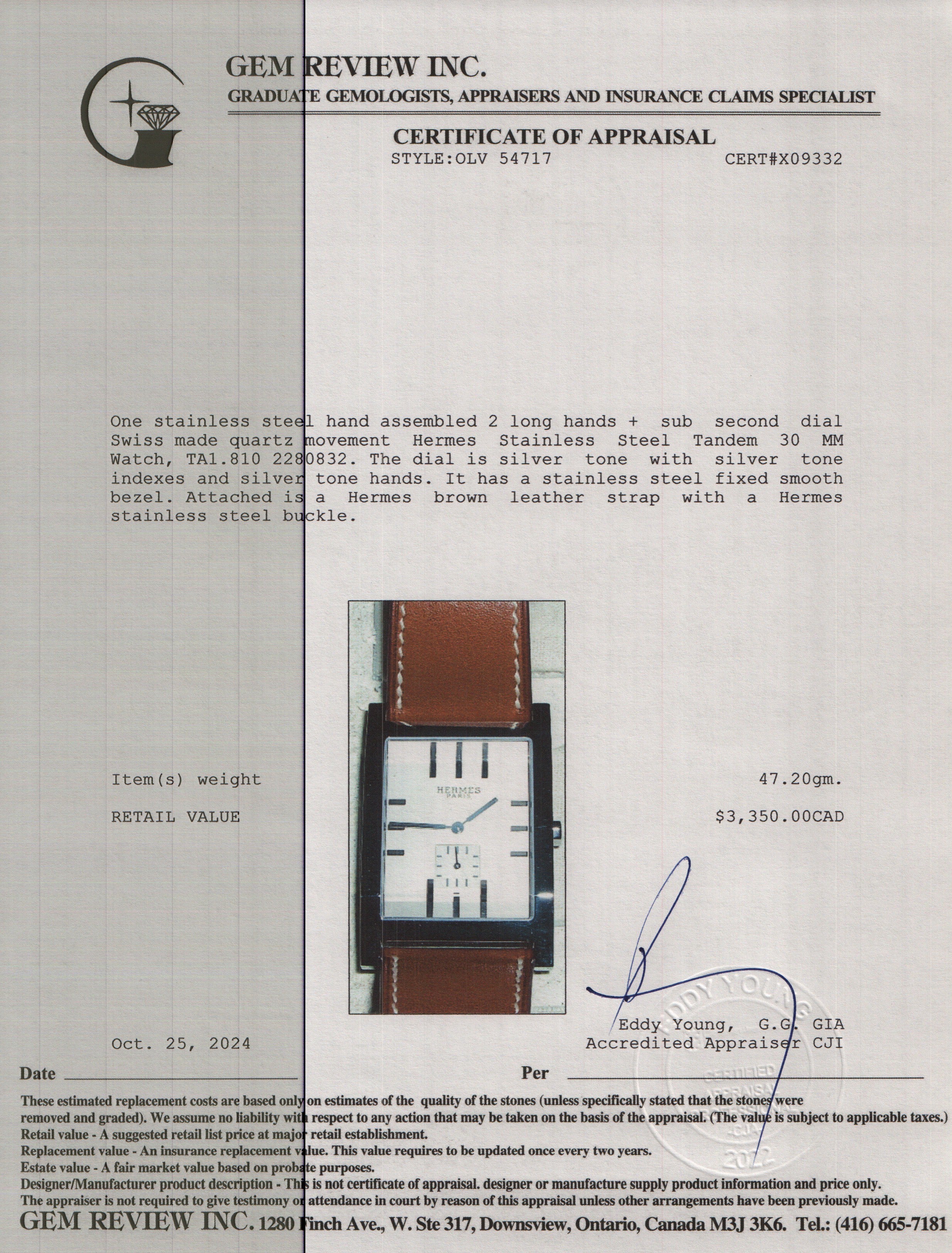 Hermes Stainless Steel Tandem 30 MM Watch w/ Box & Papers